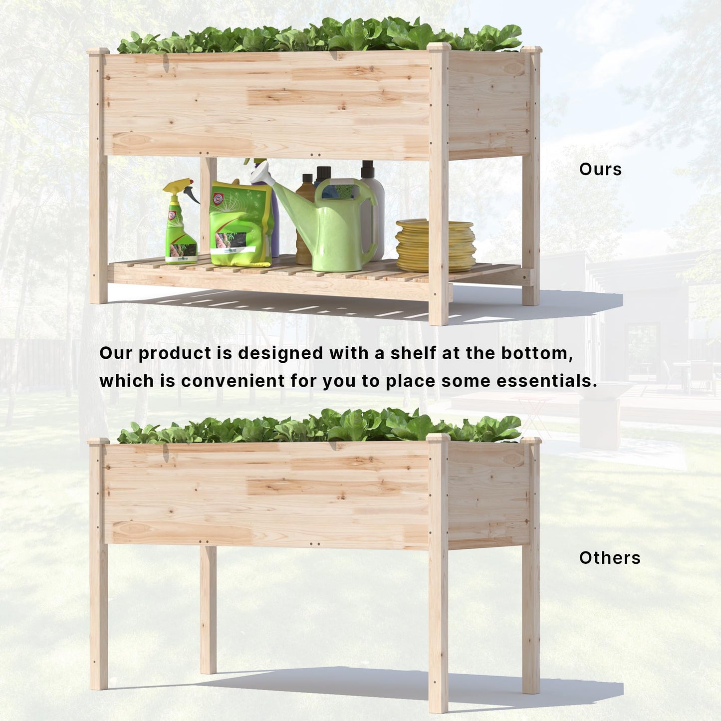 Gotland Raised Garden Bed with Legs, Raised Beds for Gardening with Storage Shelf Bed Liner Drainage Holes, Wooden Planter Raised Beds, Raised Planter Box for Backyard, Patio, Balcony, Natural