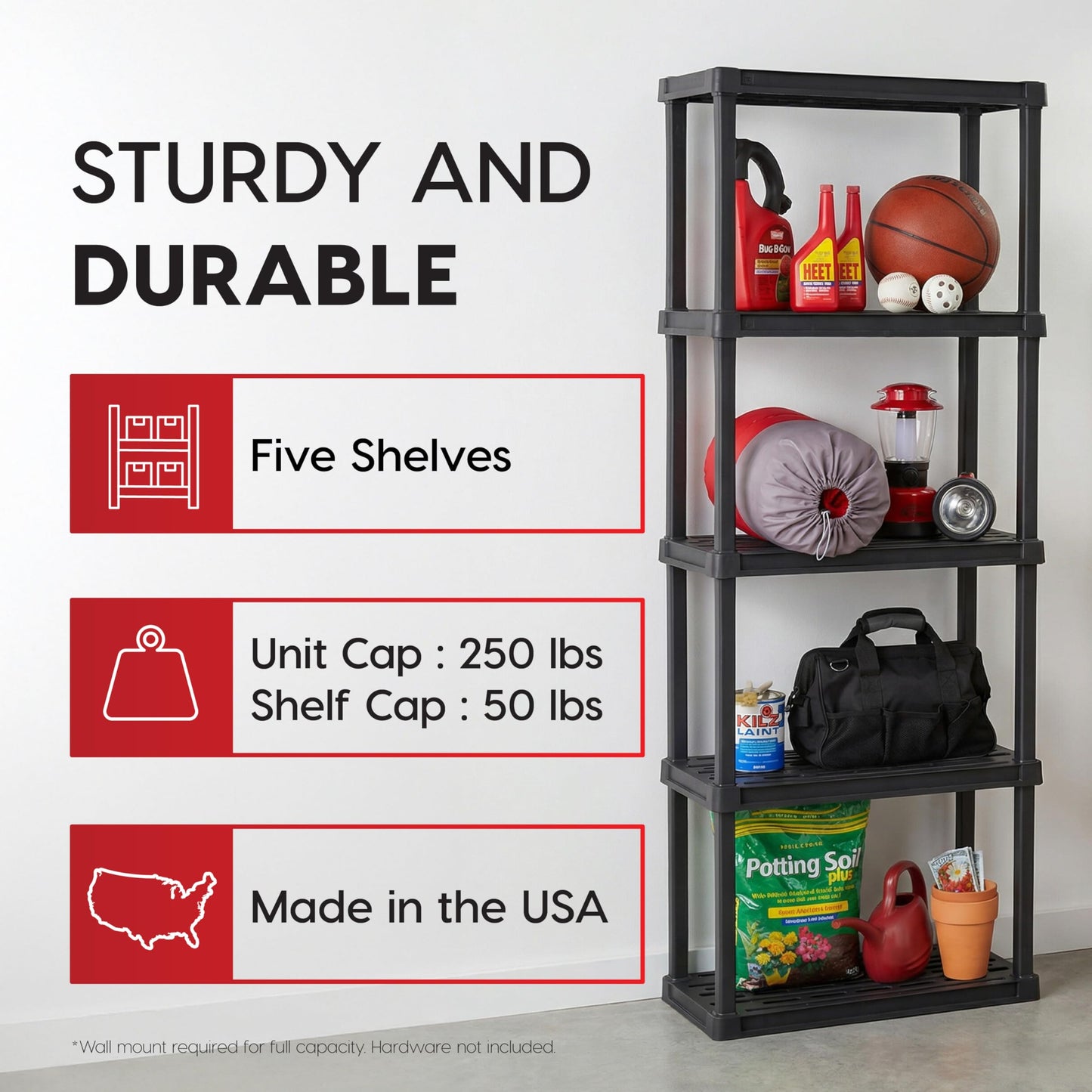 IRIS USA 5-Shelf Light Duty Plastic Storage Shelves, 250lb Capacity, 64" H x 24" W x 12" D, Medium Modular Shelving Unit Storage Organizer for Bathroom, Laundry, Garage & Home, Storage Rack - Black