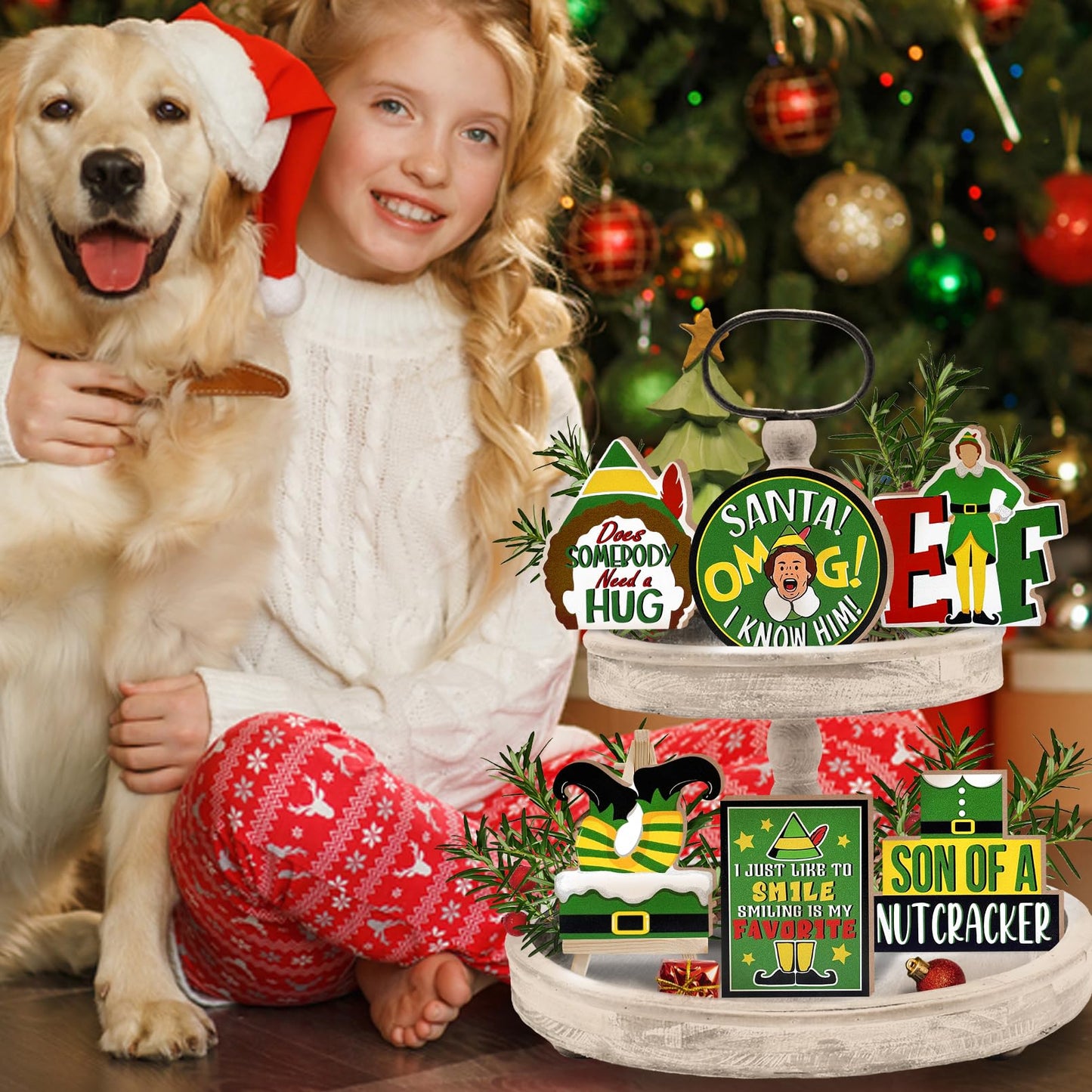 YMCAFZ 7 Pcs Christmas Green Elf Tiered Tray Decor, Funny Xmas Son of A Nutcracker Farmhouse Wood Decorations Set, Winter Holiday Rustic Wooden Decorative Signs for Home Table Shelf
