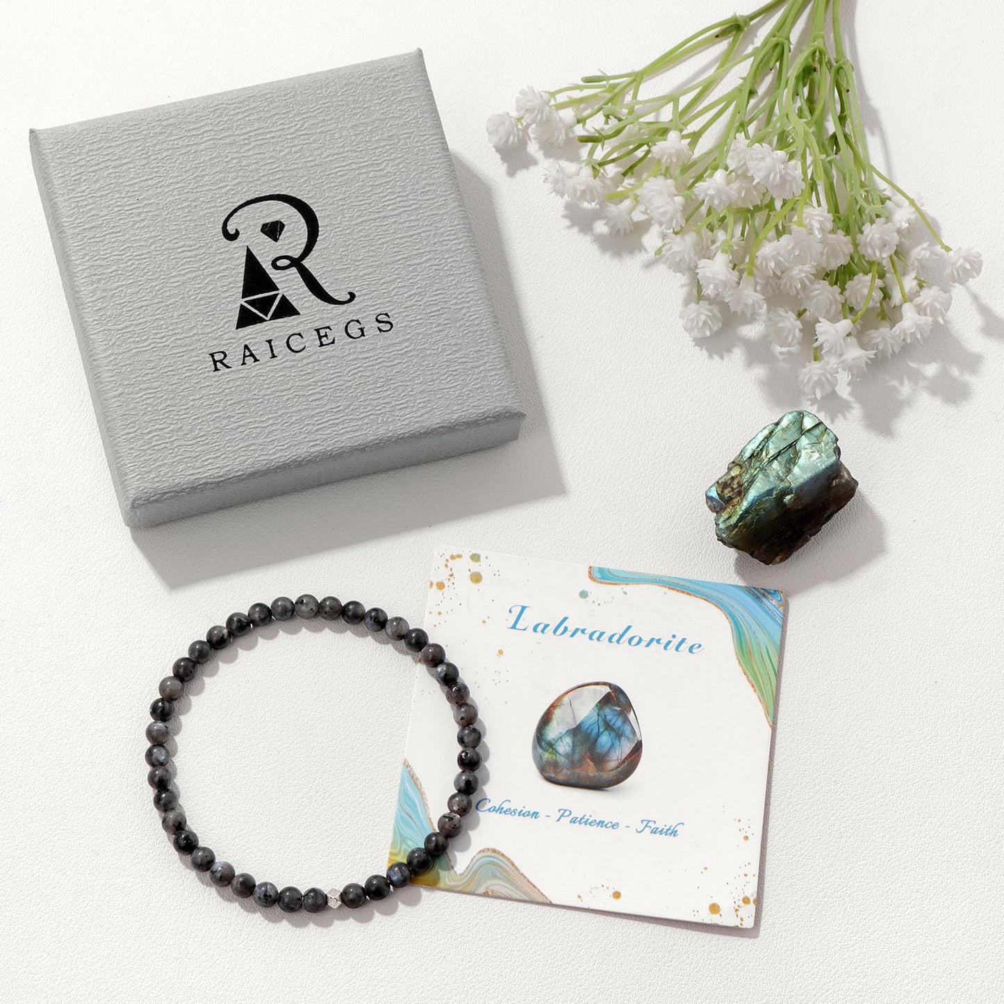 Raicegs 4MM Labradorite Beaded Bracelets Healing Crystal Bracelet for Women Men Natural Stone Handmade Stretch Bracelet Reiki Spiritual Jewelry