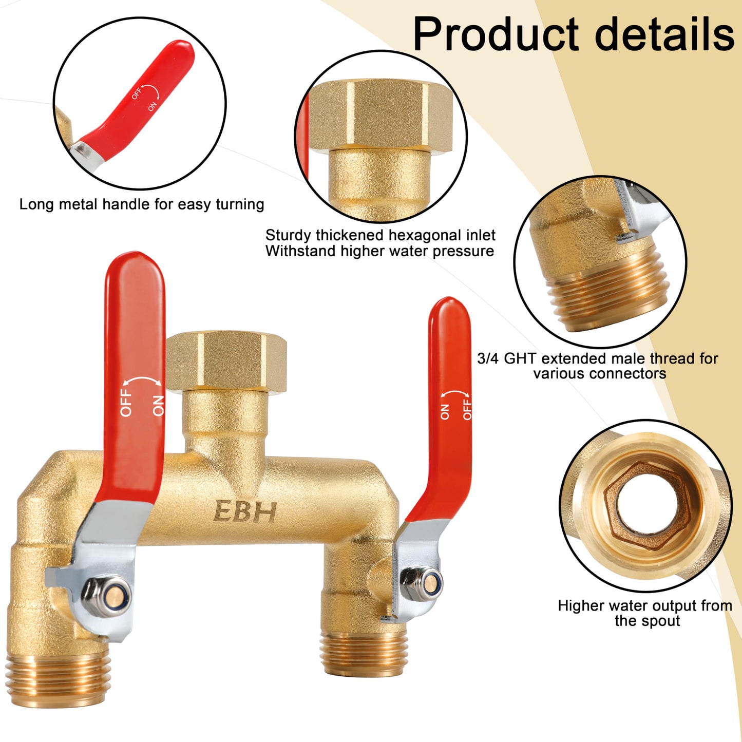 EBH Garden Hose Splitter, 2-Way Full Flow Brass Heavy Duty Outdoor Hose Manifold with Extra Long Handles Shutoff Valves Spigot Adapter- 3/4” GHT Thread