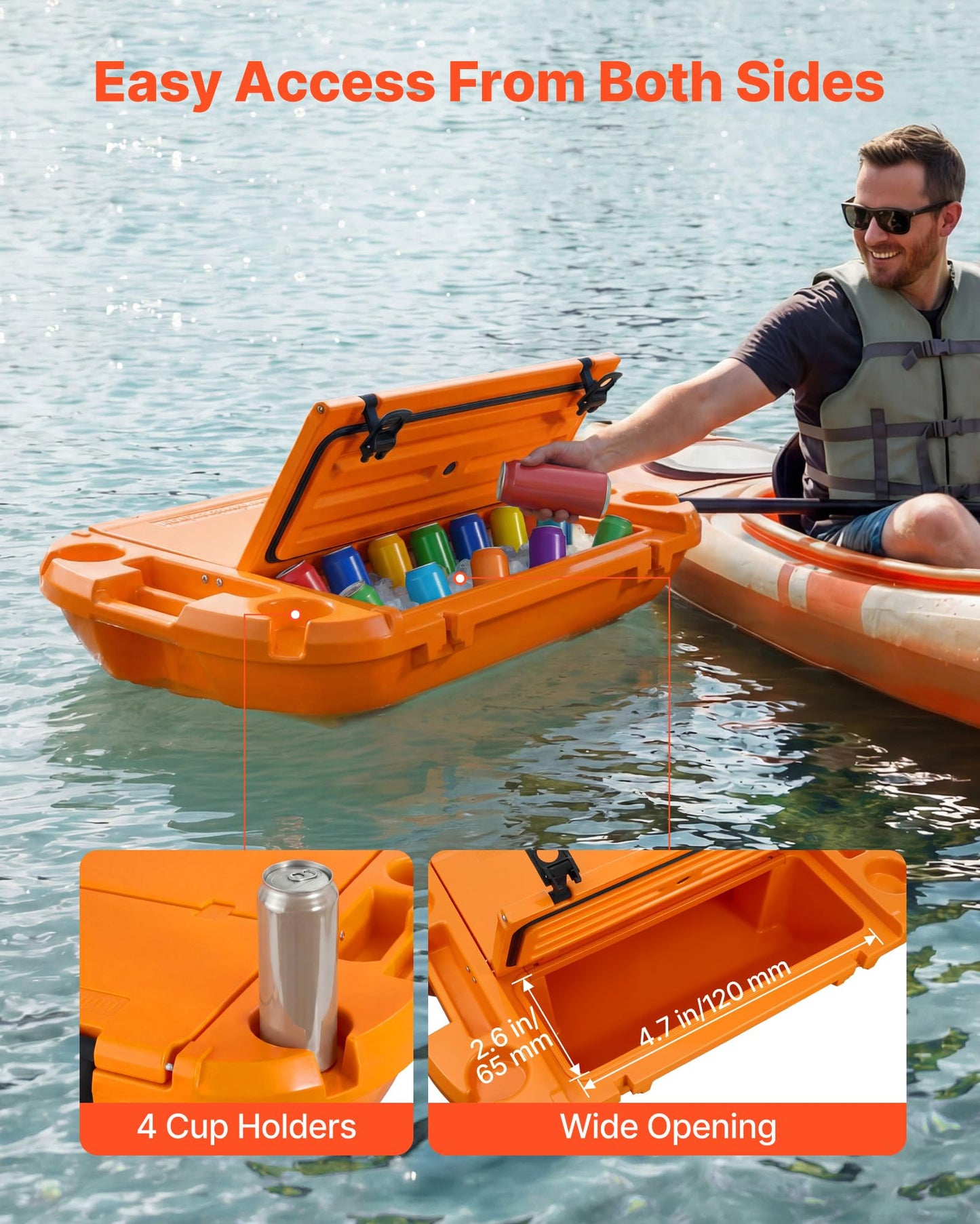 VEVOR 40QT Floating Cooler, Spacious Floating Ice Chest with Dry Storage Vessel & Tow Rope, Premium LLDPE Beverages Cooler for Water & Land, Smooth Cruiser on Lake River Beach Kayak - Orange