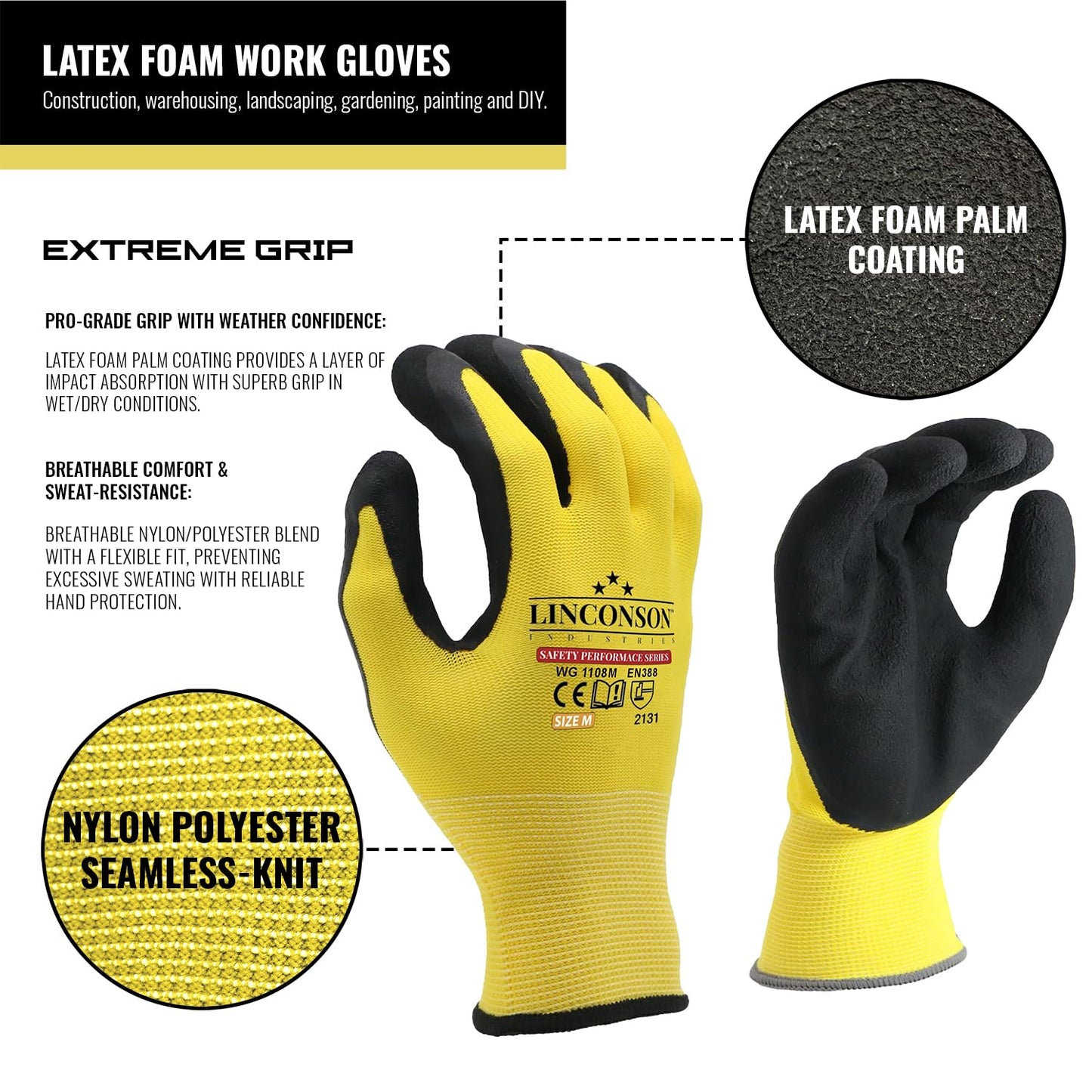 linconson 12 Pack Safety Performance Series Construction Mechanics Work Gloves (Yellow, S (Pack of 12))