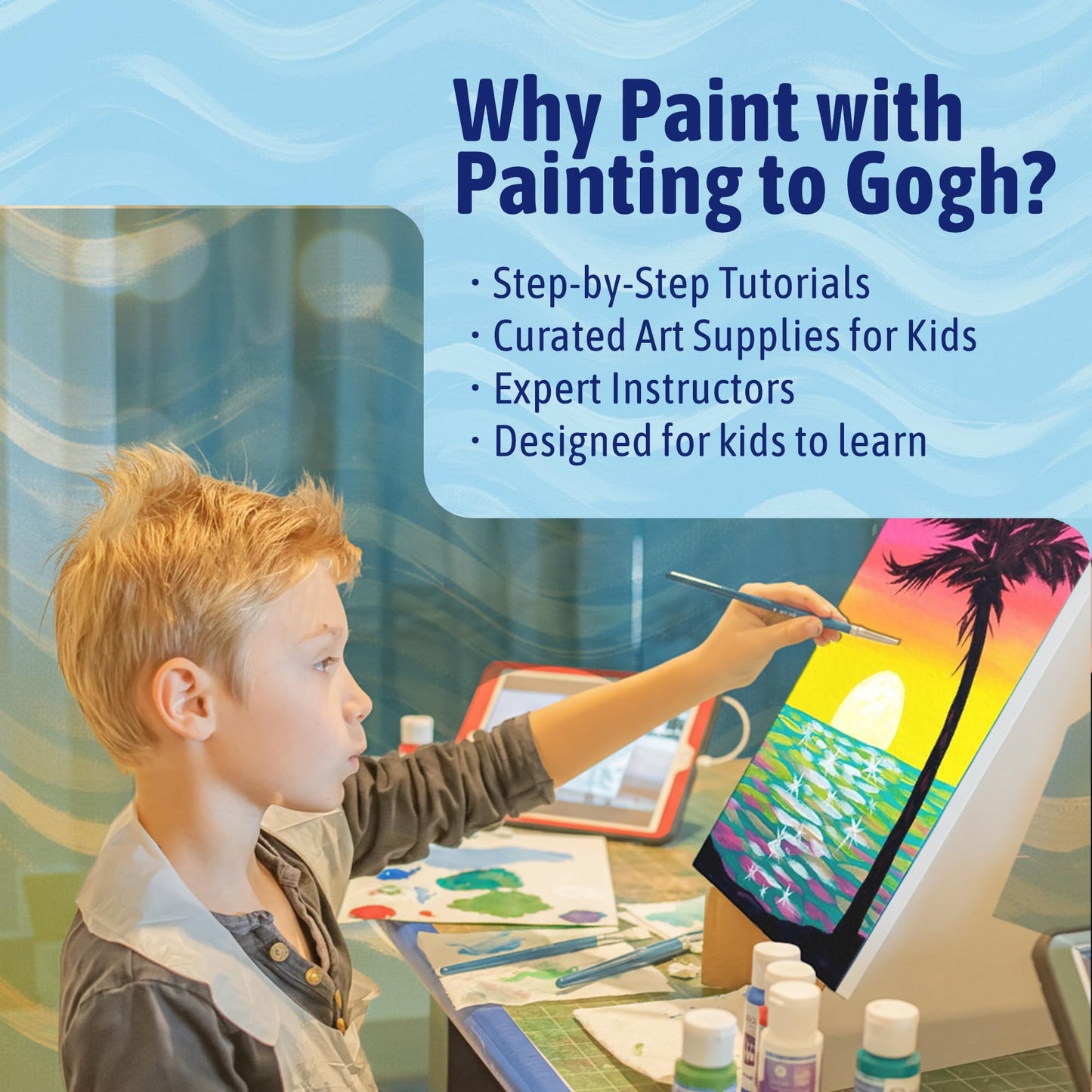 Painting to Gogh - Where the Sky Meets the Sea – Junior Artist Painting Kit – Ages 6+ – 11x14 Canvas, 3 Paint Brushes, Acrylic Paint, Cardboard Easel, Palette, Apron & Step-by-Step Tutorial for Kids