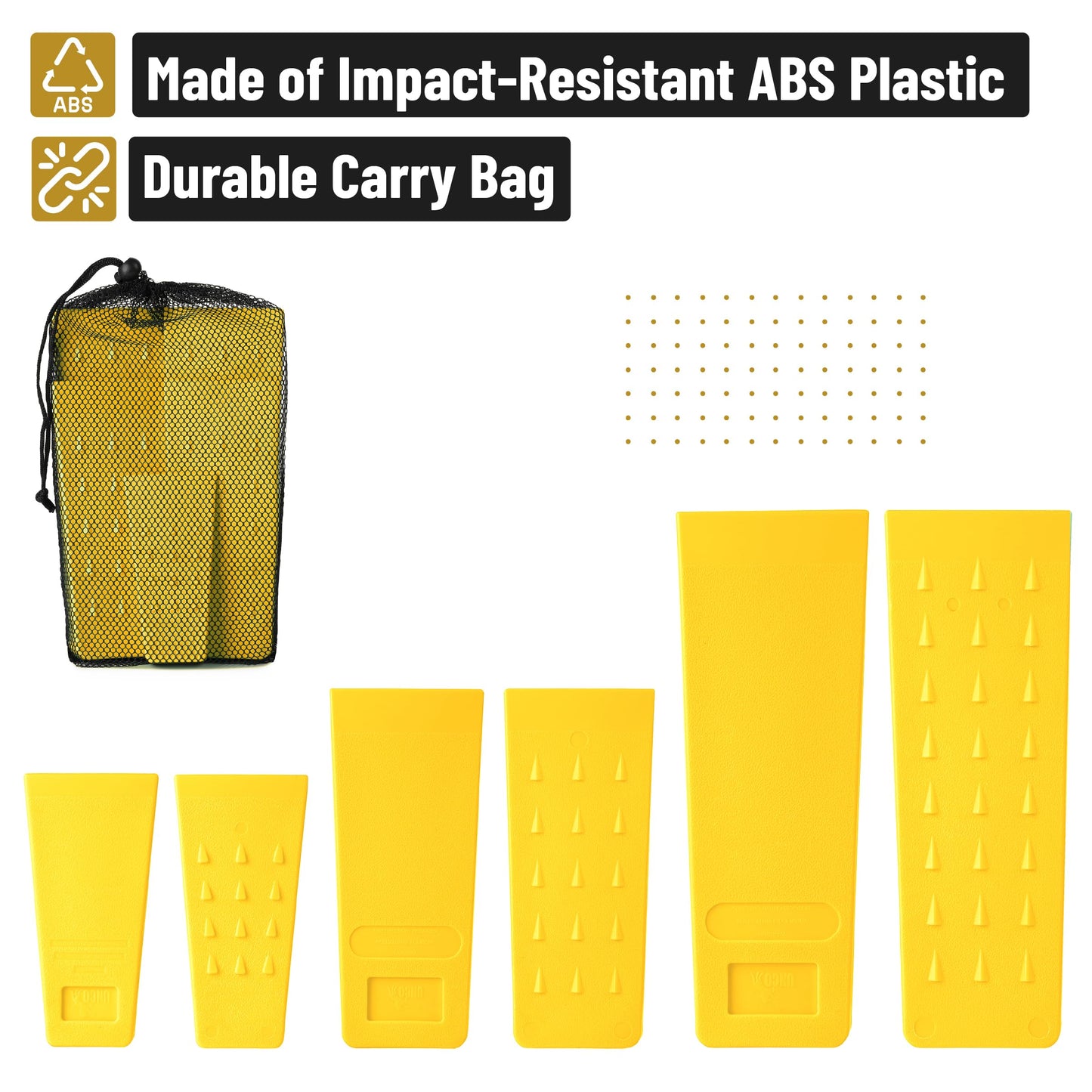 UNCO- Tree Felling Wedges with Spikes, 6 pcs, 5.5", 8" & 10", Yellow Wedges with Storage Bag, Splitting Wedge, Plastic Wedges for Tree Cutting, Logging Tools and Equipment, Chainsaw Wedges for Trees