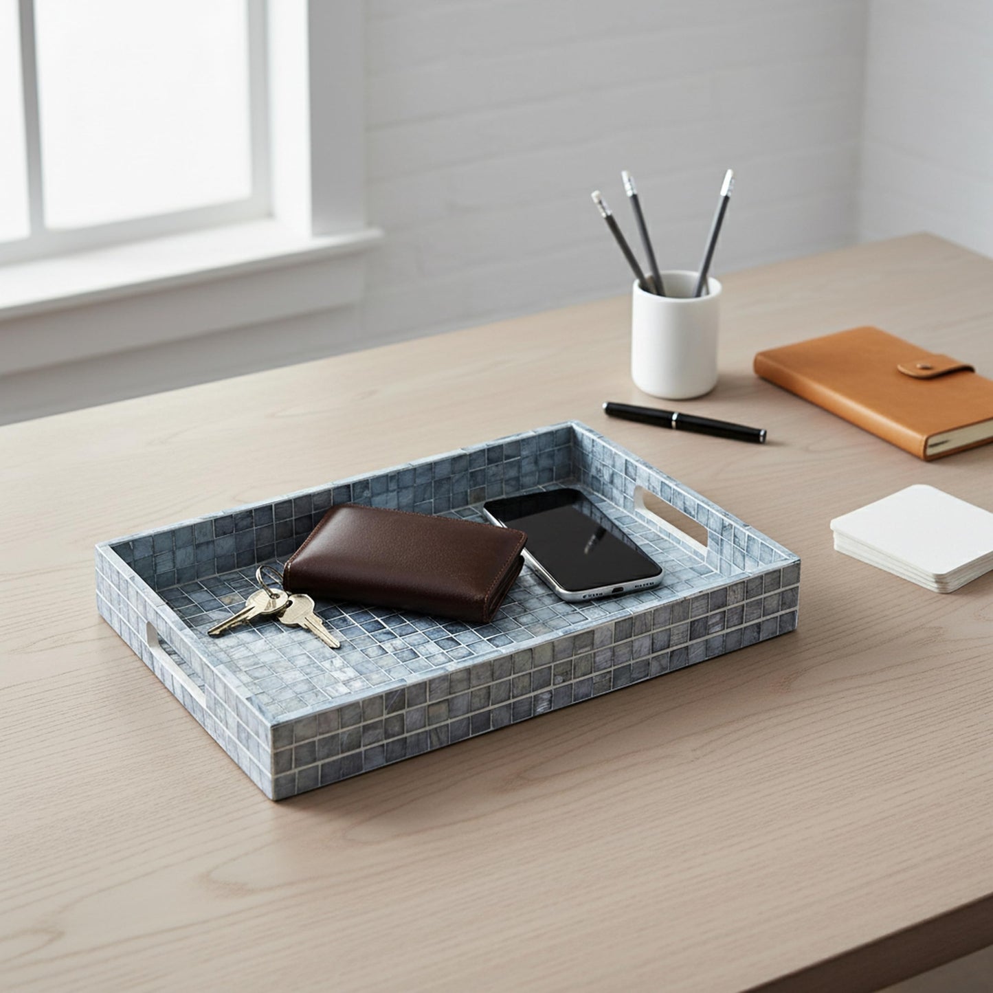 PEMAR Rectangular Mother of Pearl Serving Tray Nacre Wood Lap Ottoman Tray for Coffee Table, Luxury Decorative Handmade Eating Platters w Insert Handles (Blue Mosaic)