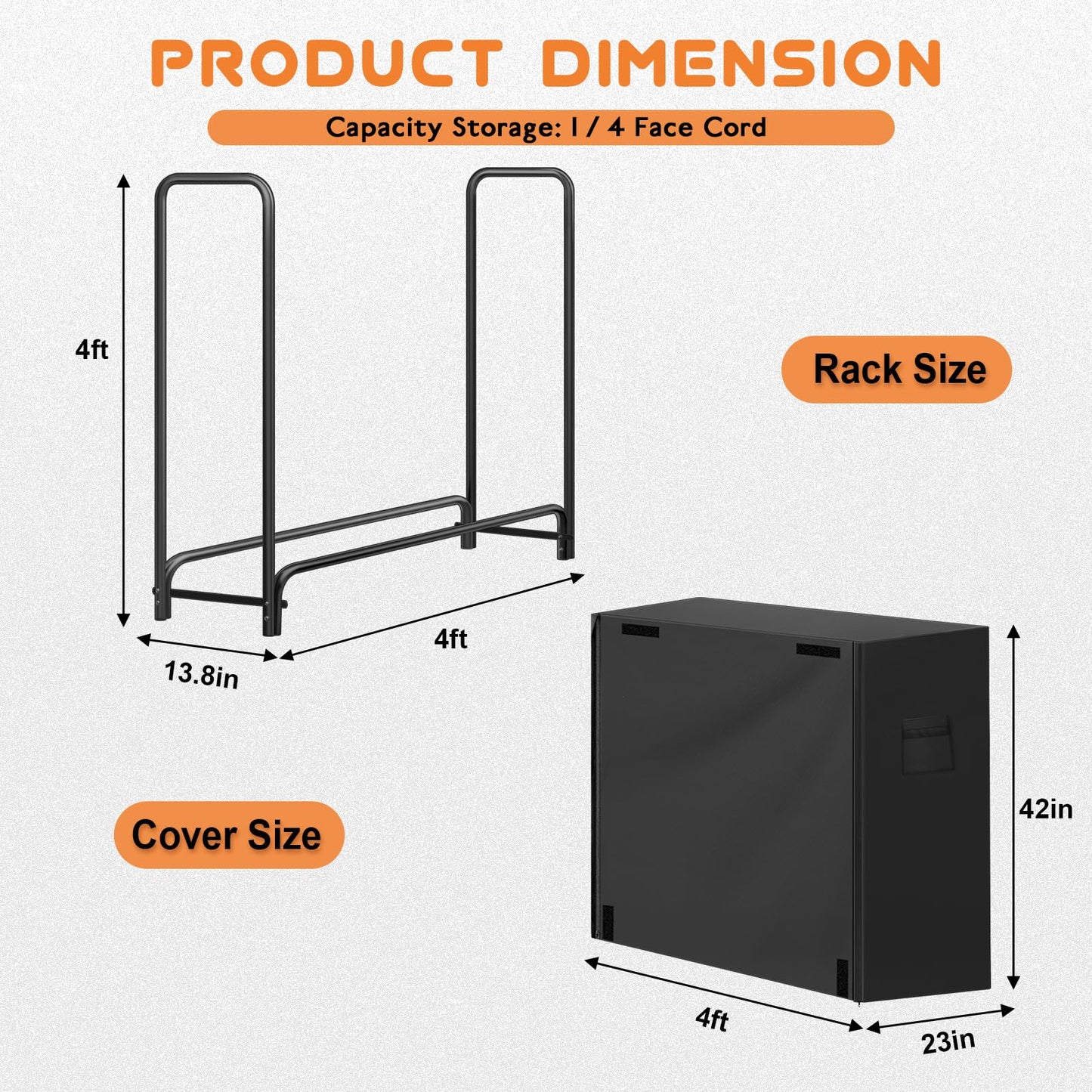 Gtongoko 4FT Firewood Rack Outdoor with Cover, Heavy Duty Wood Storage Racks with 600D Oxford Weather Resistant Waterproof Fabric Cover, Outdoor Firewood Holder