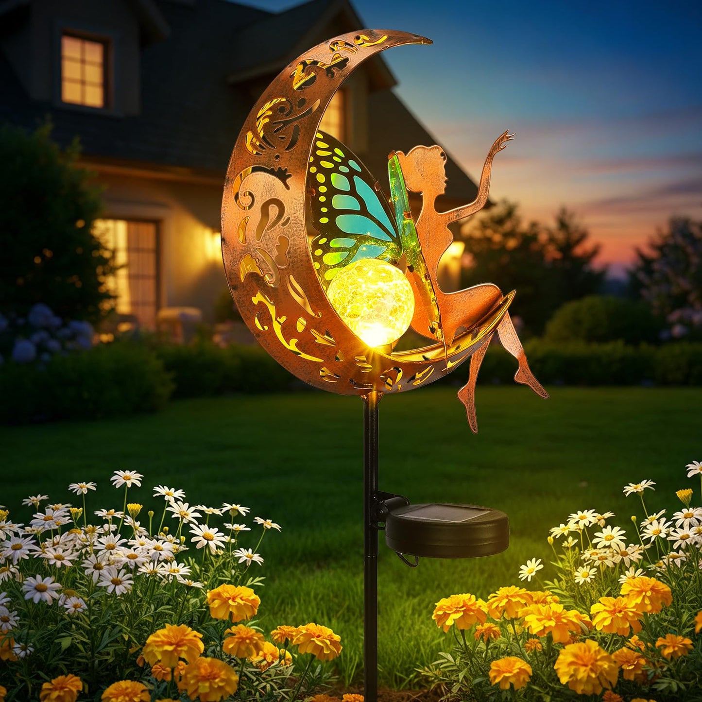 ZKLiLi Garden Outdoor Decor, Fairy Moon Figurine Light Stake, Housewarming Ornament for Patio, Lawn, Yard, Pathway - Unique Gift Ideas for Gardening Mom Grandma