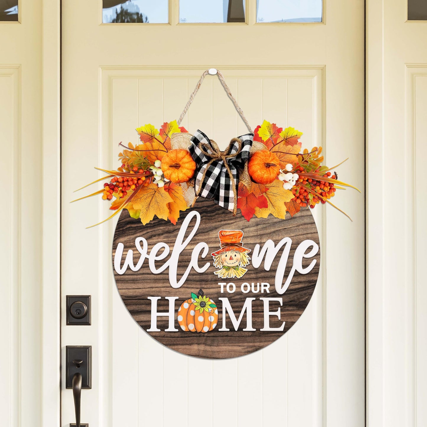 Interchangeable Welcome Sign for Front Door with 4 Seasonal Wreaths 21 Changeable Icons, Farmhouse Rustic Outdoor Welcome Signs Porch, Spring Winter Fall Decorations for Home House Warming Gifts