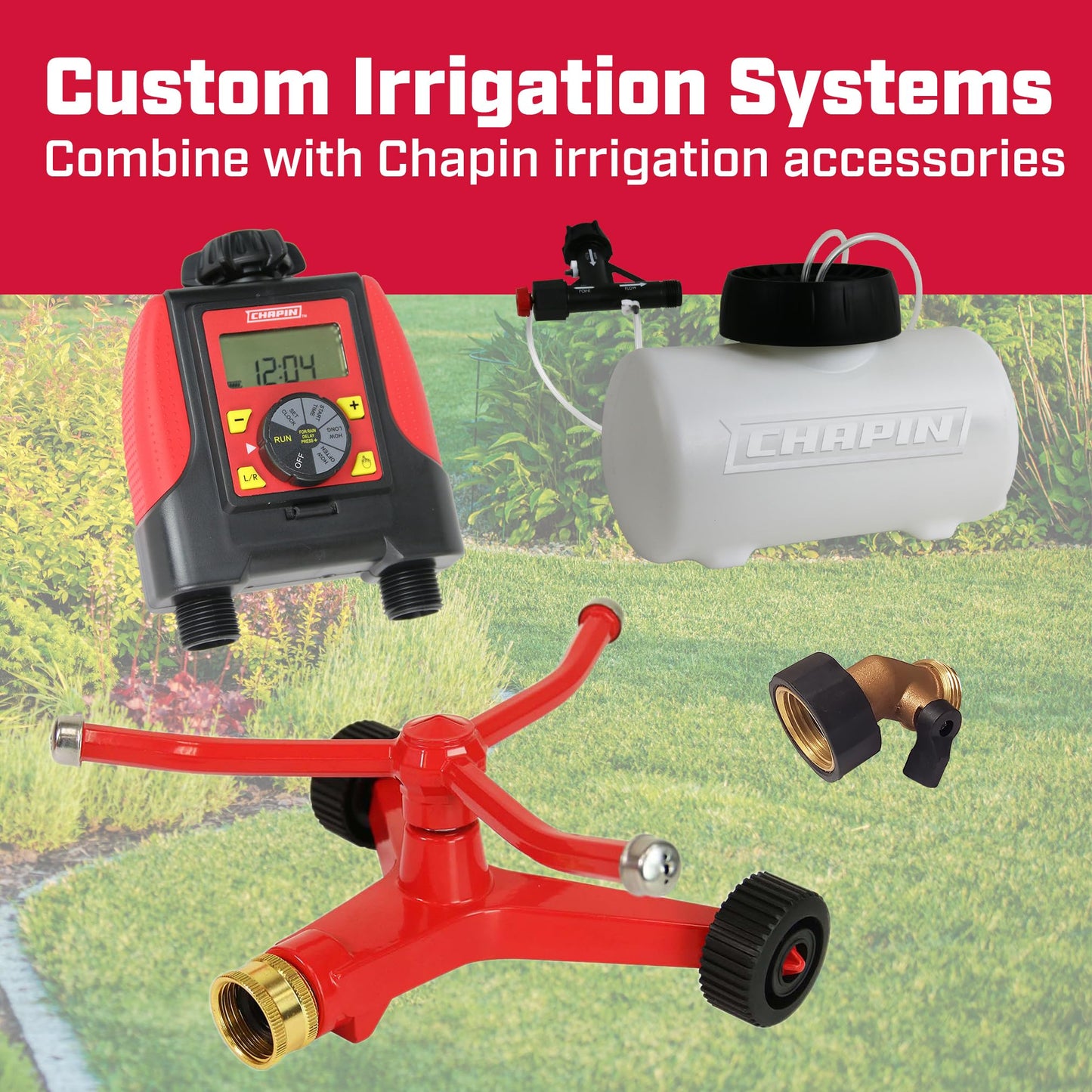 Chapin 4986: 3-Arm Rotary Sprinkler, 360 Degree Automatic for Small Gardens and Lawns, Up to 45ft Coverage Area, Red