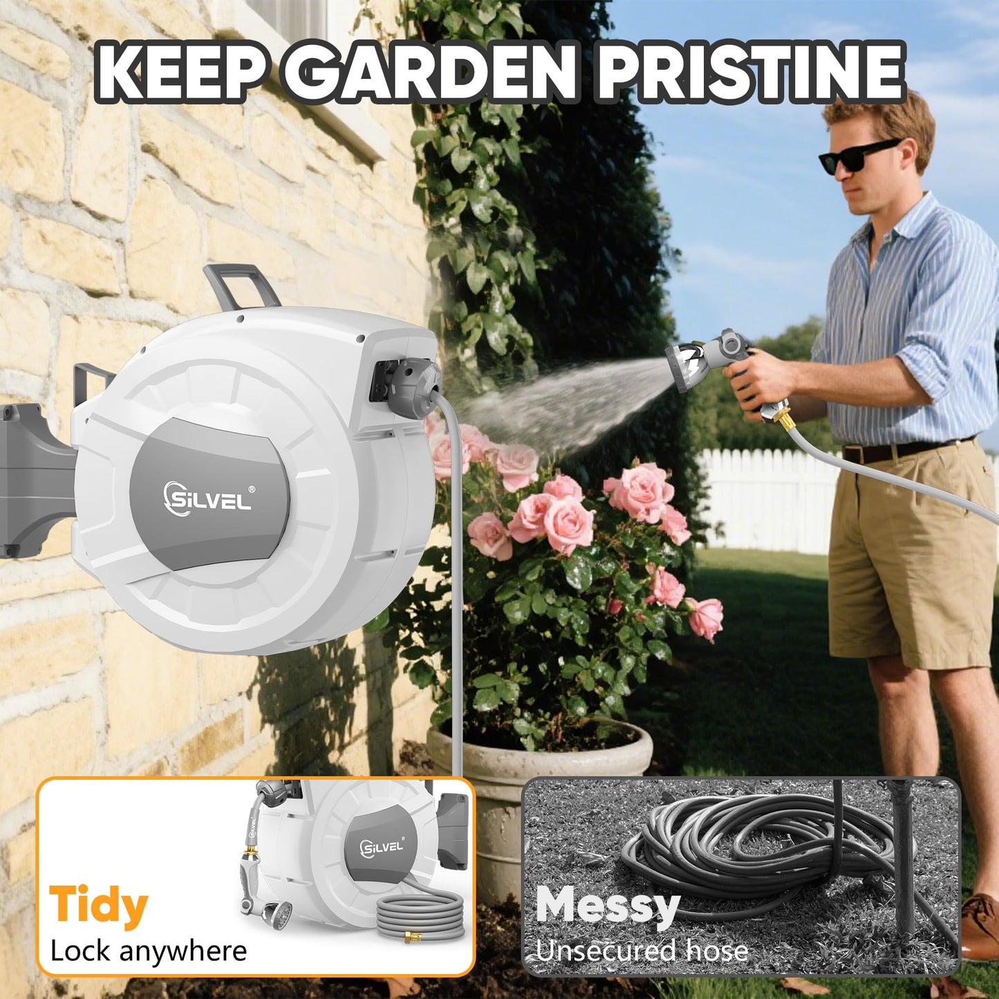 Retractable Garden Hose Reel, 1/2" x 100ft Wall Mount Heavy Duty Automatic Hose Reel with 10 Pattern Nozzle, Any Length Lock & Slow Return System, 180°Swivel Bracket Upgraded UV Resistant,Light Grey
