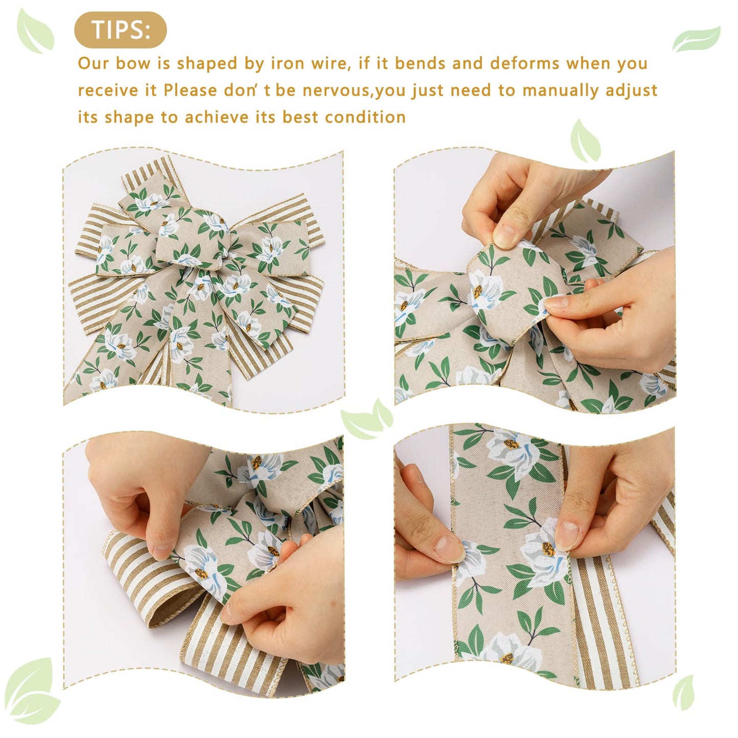 Whaline 2 Pack Spring Flower Wreath Bow Magnolia Floral Rustic Burlap Wired Edge Bow 11 x 21 Inch Large Spring Summer Farmhouse Wreath Bows Decor for Indoor Outdoor Wall Home Party Decoration