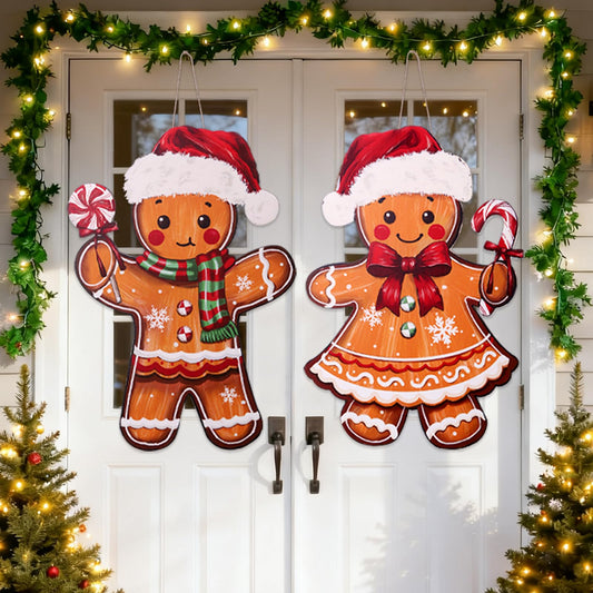 Vellibring 2 Pcs Christmas Gingerbread Man Hanging Signs Christmas Front Door Decor Rustic Wooden Welcome Signs for Home Front Porch Walls Yard Indoor Outdoor Decorations