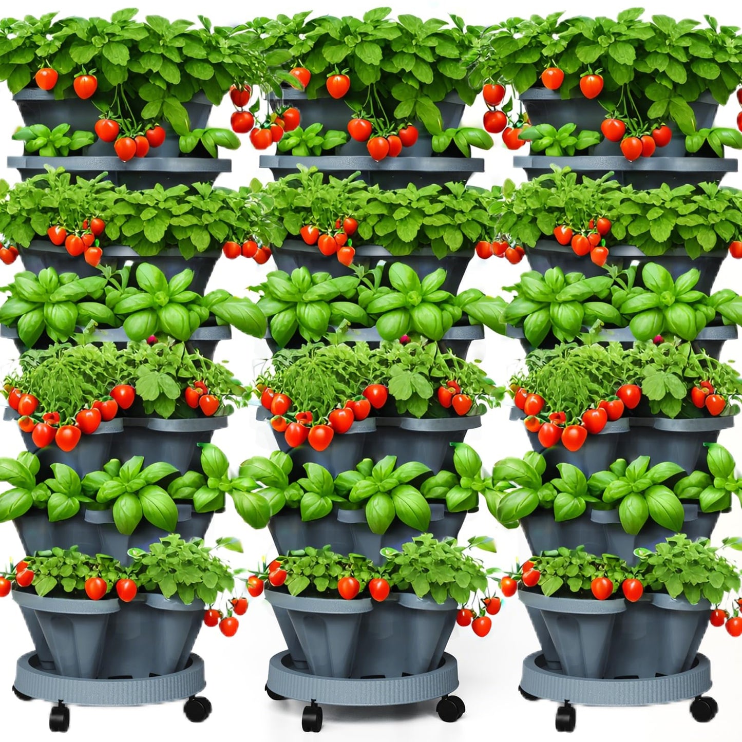 Lykvrii 7 Tiered Strawberry Planters 3 Pack, Vertical Stackable Planter, Herb Stacking Tower Garden, Flower and Vegetable Planters with Support Pole Indoor & Outdoor with Removable Wheels Dark Grey
