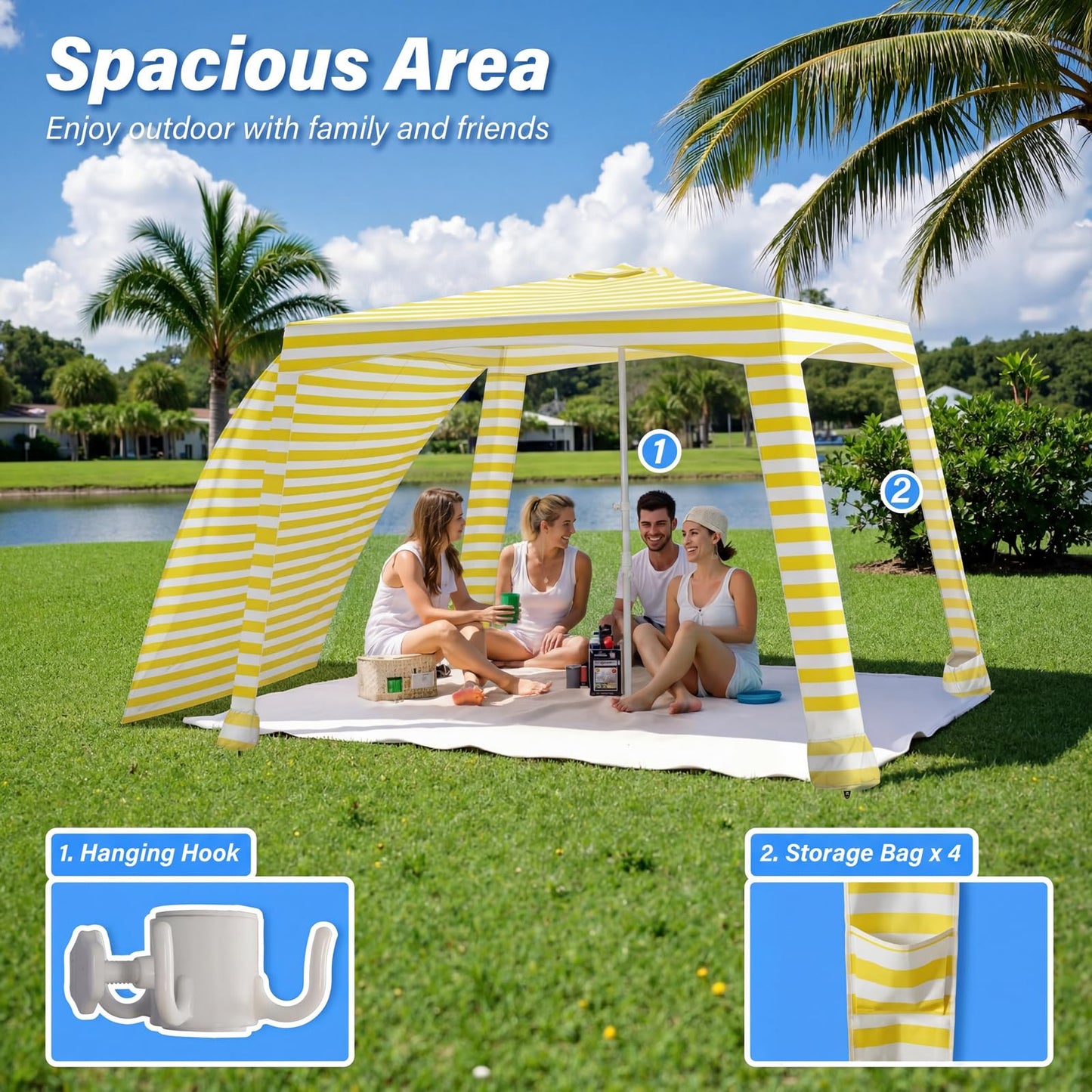 Beach Cabana-6.6x6.6’Beach Canopy with Side Wall,Portable Umbrella Tent with Sand Pockets for Family & Friends,Easy Up Beach Sun Shelter for Outdoor Patios,Backyards,and Camping,Yellow Stripes