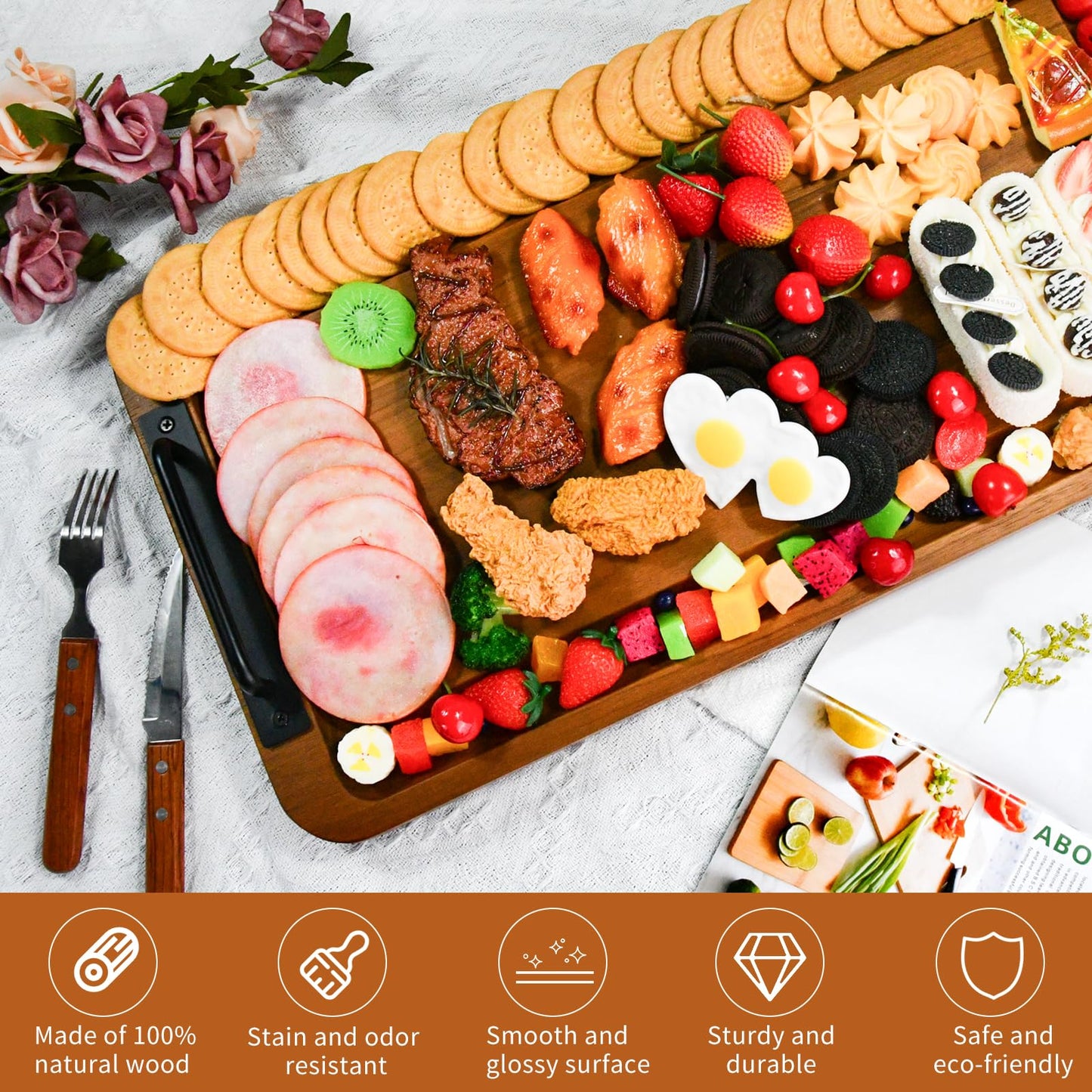 Large Wooden Charcuterie Boards with Handles, Extra Long Wood Serving Tray Platters,Rectangular BBQ Meat Cutting Cheese Board for Party Appetizers,Home & Outdoor 23.6x11.8x1.1”