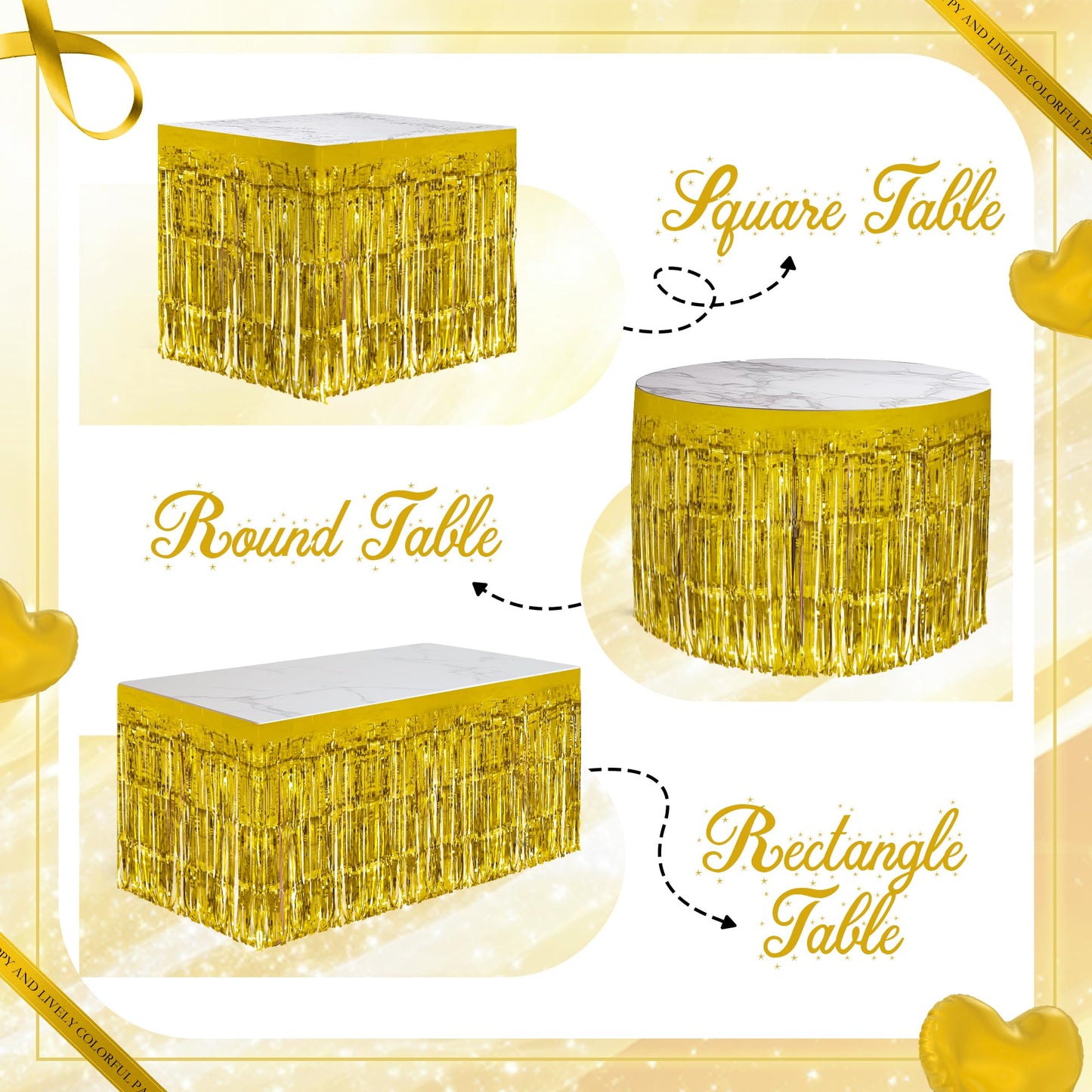 2 Pack Gold Table Skirts, 29x108" Metallic Foil Tinsel Fringe Table Skirts for Rectangle Tables Streamer Curtains Backdrop, Party Decorations for Birthdays Weddings Holidays