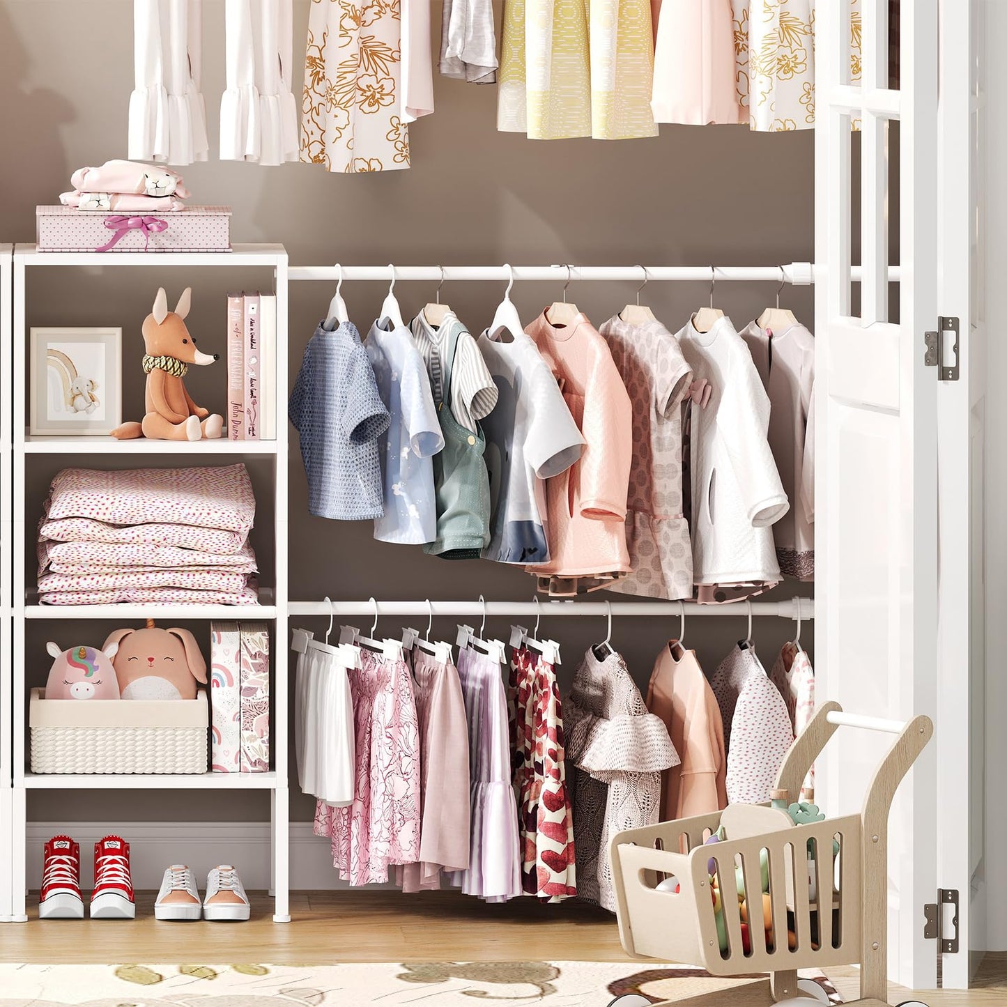 Small Closet System with Shelves, 5FT-8FT Closet Organizer System, Wooden Shelves for Closet with 2 Hanging Rods, Walk-in Closet Organizer, Adjustable Wardrobe Clothes Rack, Garment Rack, Pure White