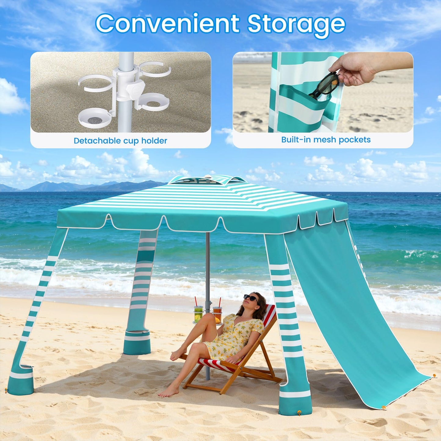 MoKo Beach Cabana,120 Sq. Ft. Large Beach Canopy Tent Sun Shade, UPF 50+ Protection Easy Setup Beach Tent, Adjustable Height Wind Resistant Cabana Sun Shelter for Whole Family, Light Green Stripes