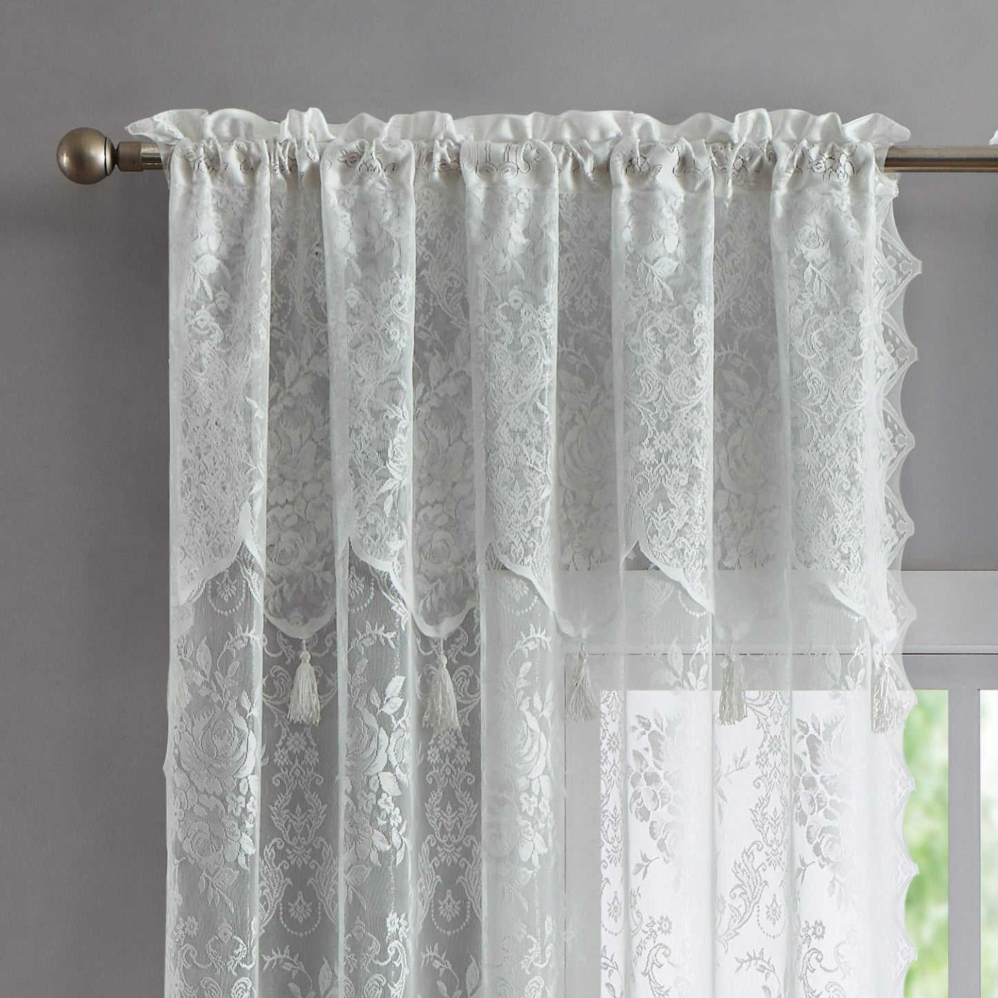 Warm Home Designs Pair of 2 Ivory Color Long Length 54” (W) x 96” (L) Semi Sheer Lace Curtain Panels & Attached Matching Valances with 6 Tassels. Classic Elegant English Rose Pattern. L Ivory 96”