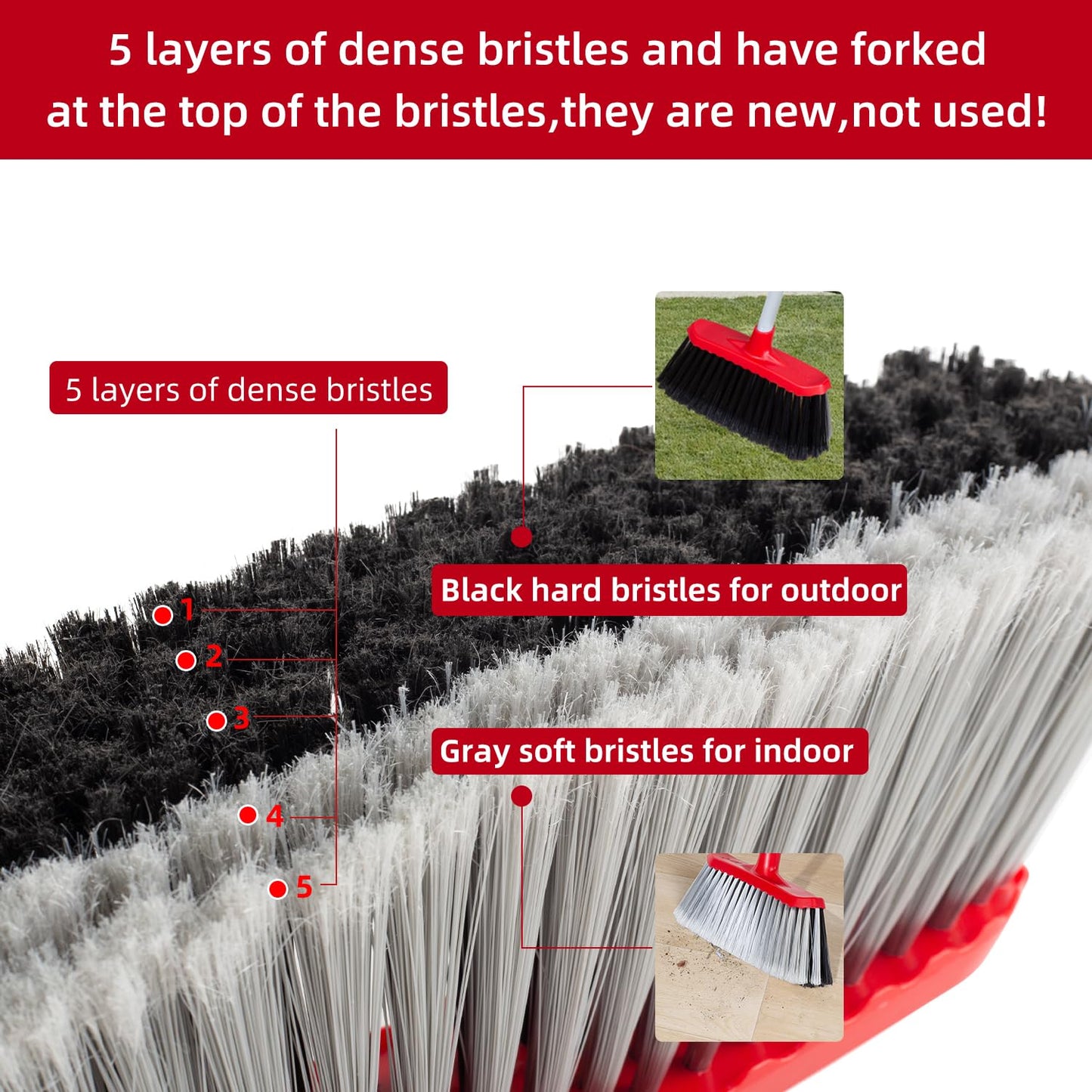 SDSM Indoor Outdoor Broom, Unique Double-Sided Bristles Long Handle Heavy Duty Broom Perfect for Home and Courtyard Garage Lobby Mall Market Floor Home Kitchen Room Office Pet Hair Rubbish 51 Inch