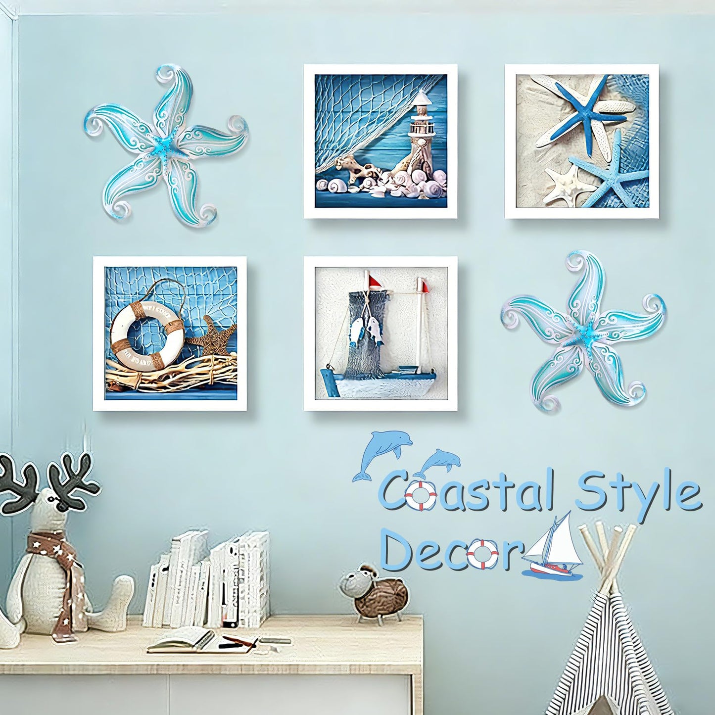 POXOHO Starfish Coastal Wall Decor Art, Starfish Beach Theme Bathroom Decor for Bedroom House Home, 12" Hanging Glass Sculpture, Beach Wall Art Ocean Gifts for Women & Men (Sky Blue)