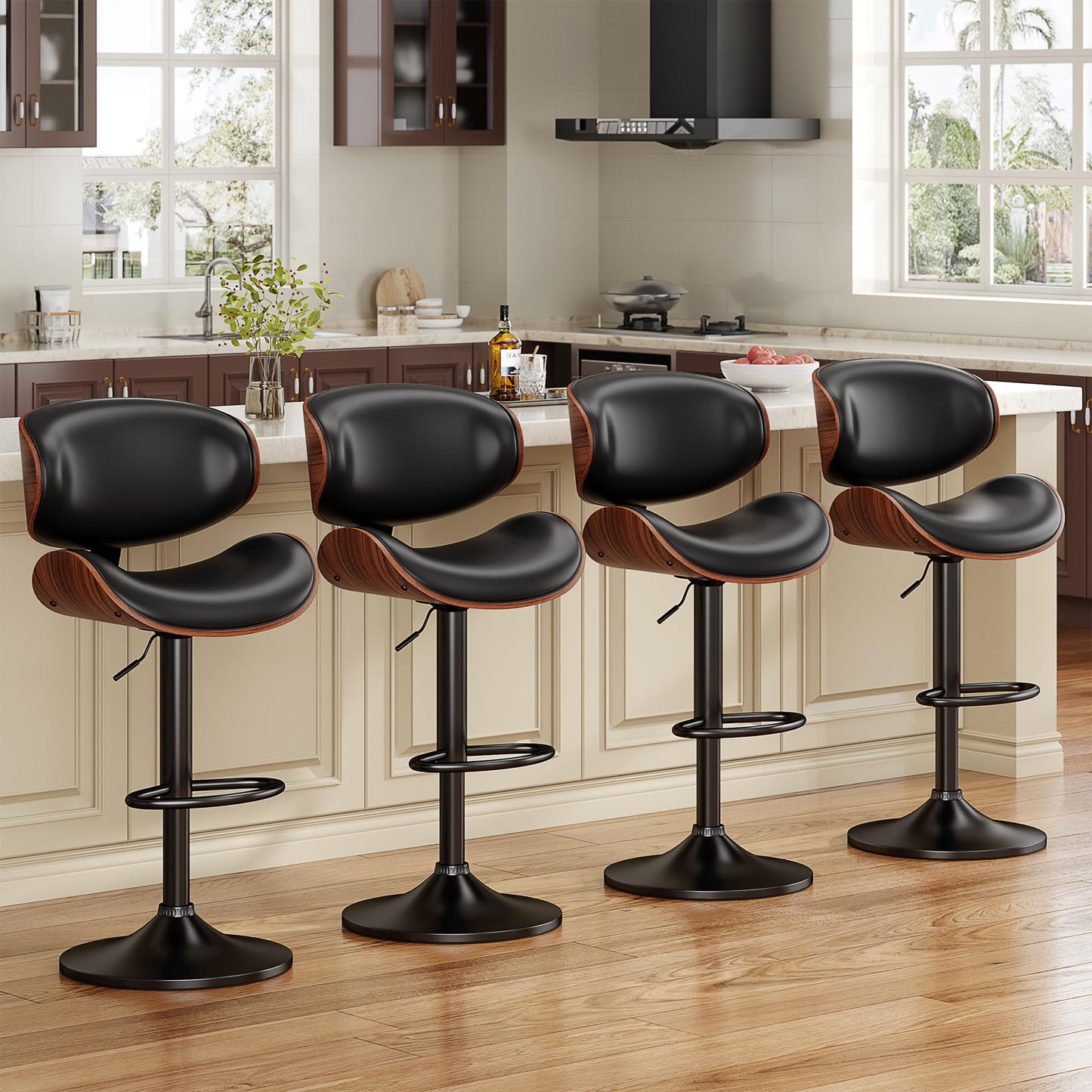 YaFiti Swivel Bar Stools Set of 2 for Kitchen Counter, Adjustable Bentwood Barstools, Modern PU Leather Upholstered Bar Chair with Back and Footrest, for Bar, Kitchen, Dining Room, Black