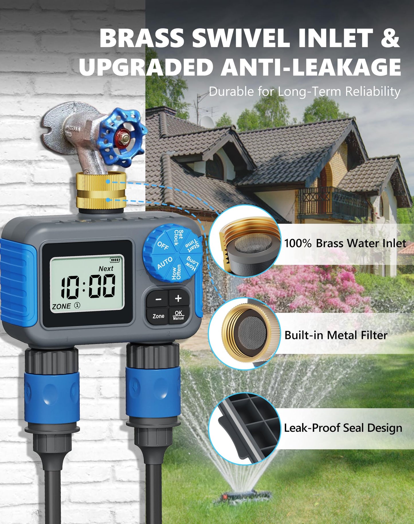 Grillum Sprinkler Timer with Brass Swivel, 2 Zone Hose Timers for Watering, Digital Irrigation Timer with Rain Delay & Manual Mode, Automatic Watering System for Outdoor Garden Lawn Yard
