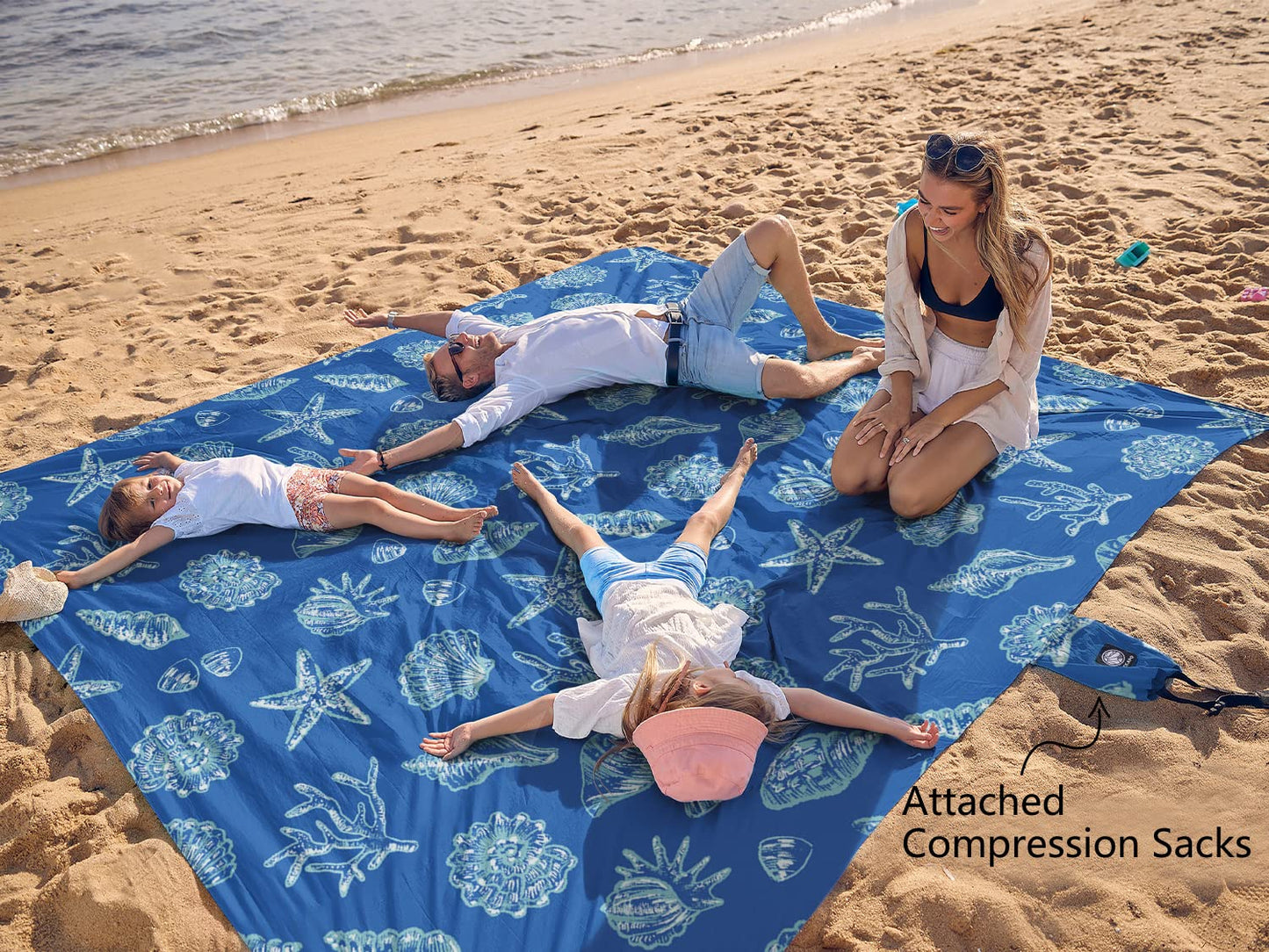 WEKAPO Beach Blanket Waterproof Sandproof Oversized, Extra Large Beach Mat Sand Free, Lightweight & Compact Sand Free Mat with 6 Stakes & 4 Corner Pockets (Blue Sea Shells, 8 x 7 FT (1～4 Person))