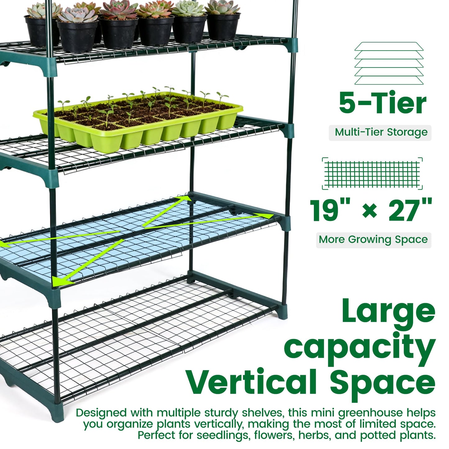 Worth Garden 5 Tier Mini Greenhouse - 75'' H x 27'' L x 19'' W - Sturdy Portable Gardening Shelves with PVC Cover - Small Porch Green House for Growing Plants Flowers Indoor & Outdoor