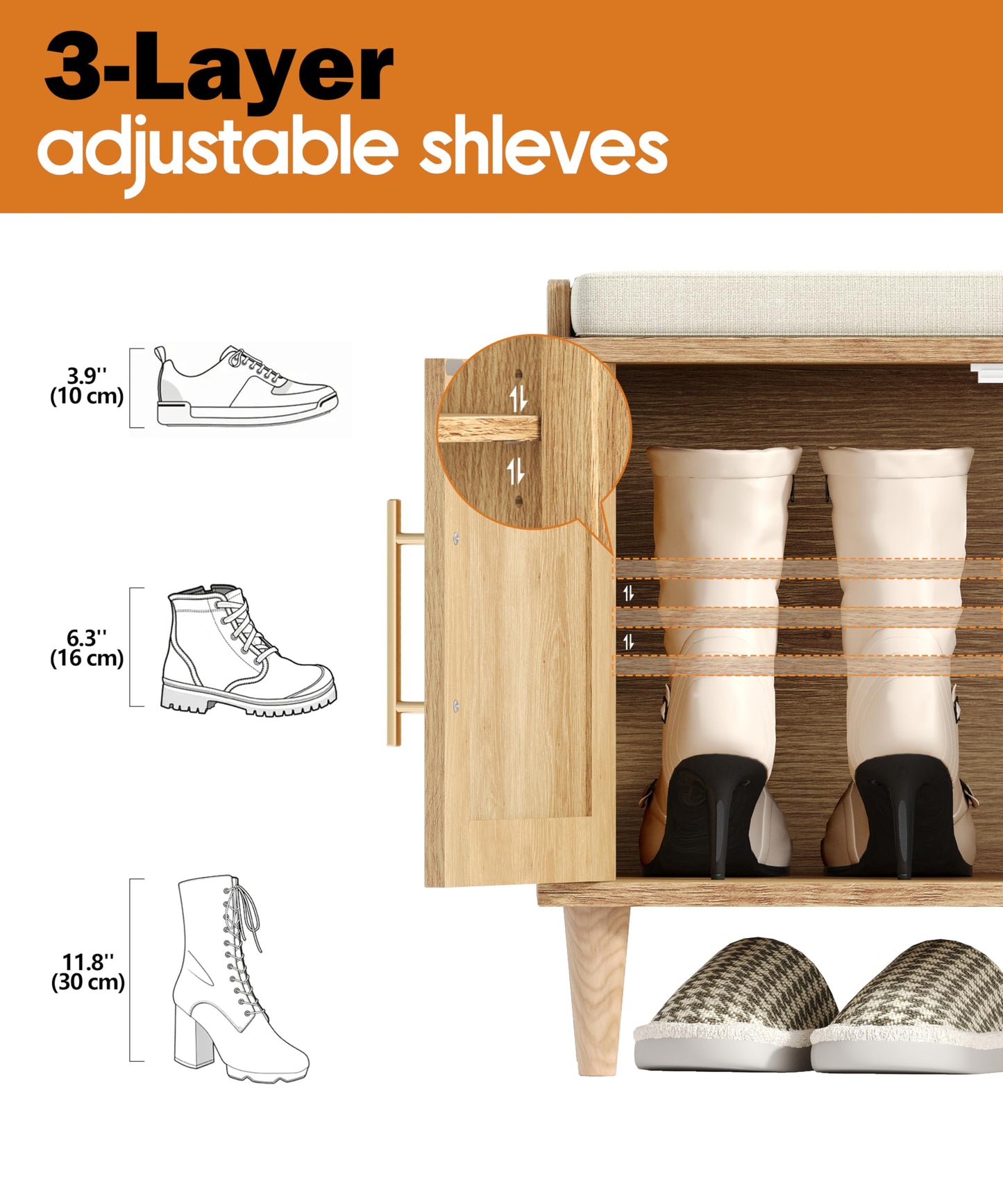 Akxomel Rattan Shoe Storage Bench with Cushion, 2-Tier Entryway Bench with Adjustable Shelves and 2 Doors, 15" D x 39.4" W x 20" H, Solid Wood Legs, for Hallway, Living Room, Bedroom, Natural Oak
