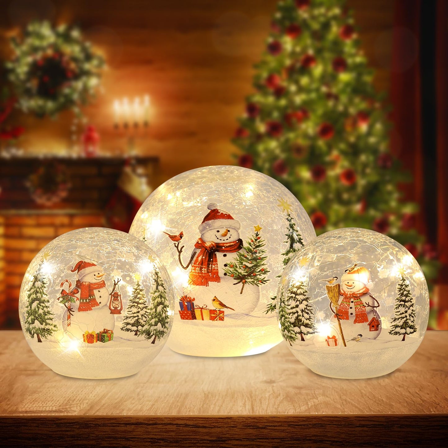 YEAHOME Christmas Decorations Indoor,Set of 3 Snowman Crackle Glass Ball with LED Lights Home Decor, Christmas Table Decorations Lighted Globes with Timer for Mantel Fireplace Tabletop