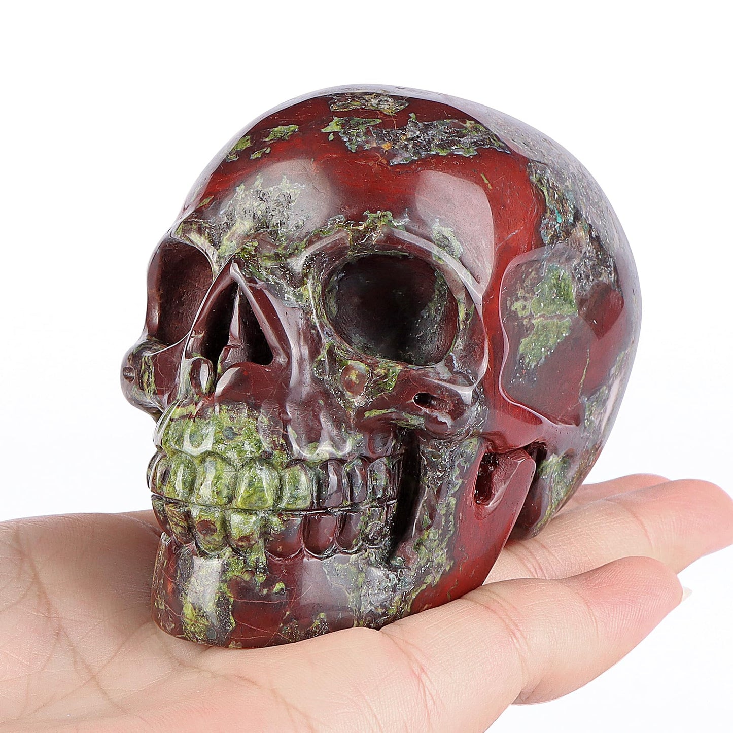 LEADGEM 3.0" Dragon Blood Stone Crystal Skull Head Figurine Healing Stone Carved Sugar Skull Statue Sculpture Decor Day of The Dead Statue Ornaments Halloween Decoration