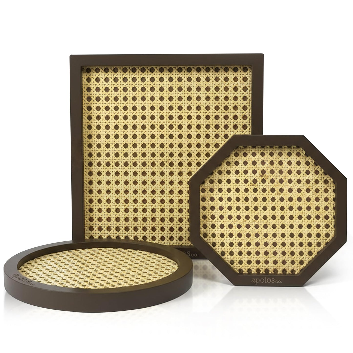 Apolos Co Decorative Tray Set of 3 - Handwoven Rattan Coffee Table Trays with Dark Wood Frame - Modern Boho Design Wicker Tray for Living Room, Centerpiece Décor - Round, Rectangular, Geometric Shapes