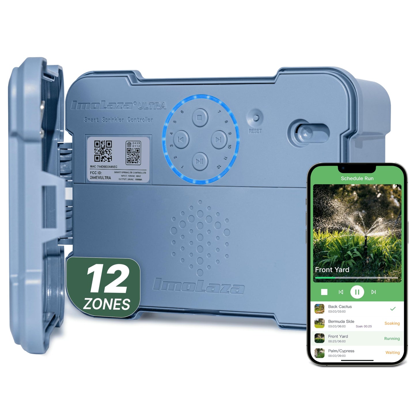 ImoLaza Outdoor Smart Sprinkler Controller, 12-Zone WiFi Irrigation Controller with Hyper-Local Weather, App Remote Control, Works w/ Alexa, Auto Watering, Rain/Freeze/Wind Skip, Smart Fault Detection