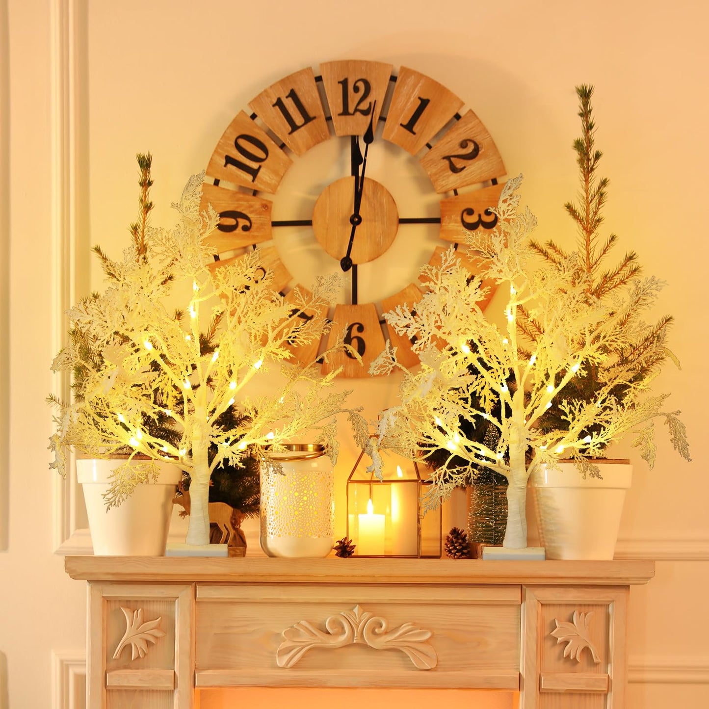 Quzzil 2 Pack Flocked Lights Christmas Tree Tabletop Decoration 24 Inch Artificial Small White Christmas Snow Birch Tree Frost Battery Powered/USB Table Centerpiece for Indoor Mantel Holiday Decor