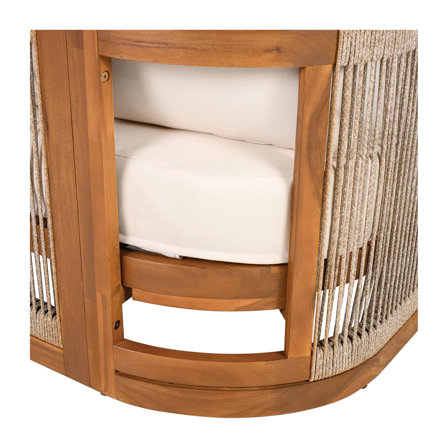 Merax 4-Piece Patio Premium Acacia Wood Outdoor Furniture Set,All Weather Curved Tub Design with Woven Rope Accents Loveseat Chairs and Table for Backyard, Balcony and Deck,Teak+ Beige