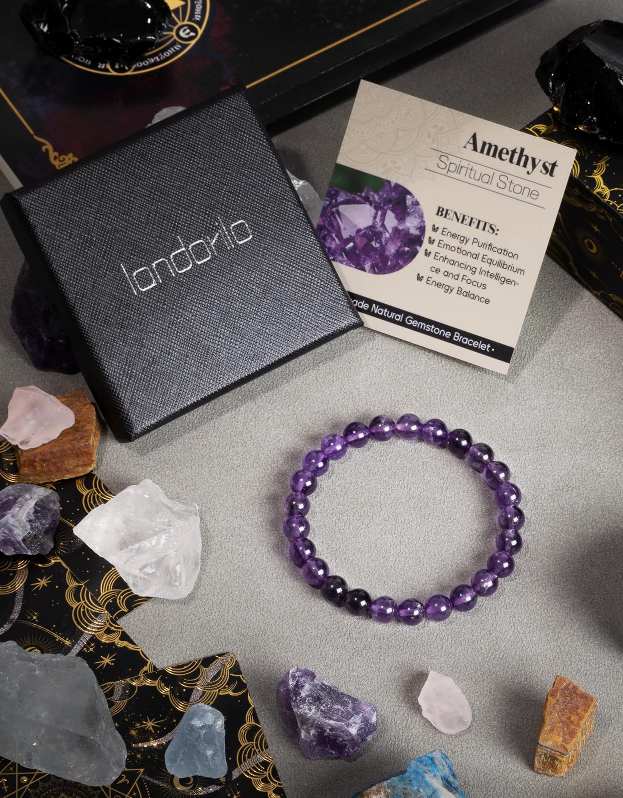 Landorilo Beaded Bracelet for Men Women, 8mm Natural Stone Amethyst Healing Crystal Stretch Bracelets, Ideal Christmas Birthday Jewelry Gifts with Energy Card，Replacement Beads Included
