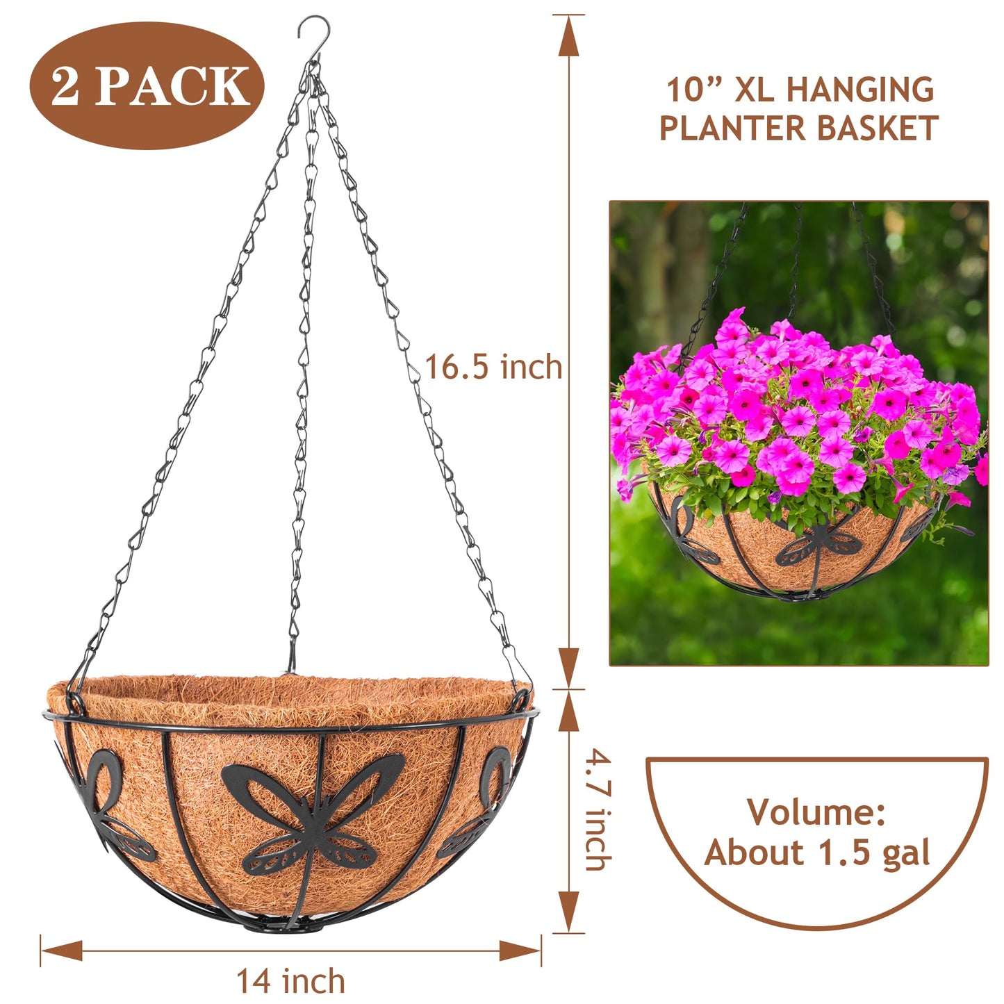 ARVINKEY Hanging Baskets Planter for Plants, 2 Pack 14 Inch Round Metal Wire Hanging Flower Pots with Coco Coir Liner Chain, Plant Holder for Home Garden Balcony Decor