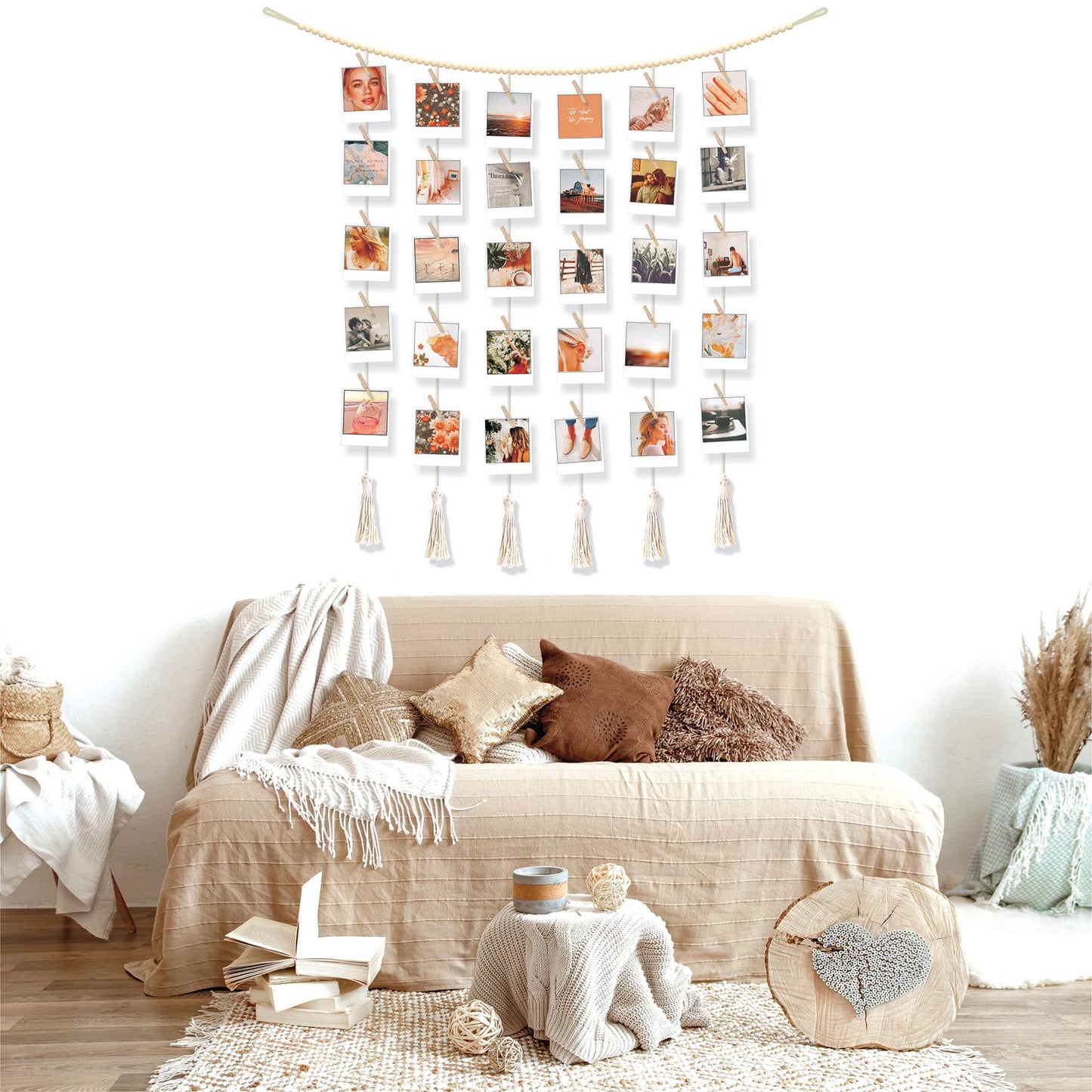 BIZYAC Hanging Photo Display with Clips Wall Boho Decor Beads Garland - Sculptural Picture Frames Collage - 30 Clothespins - 2 Non-Trace Hook - No Holes Drilling - 45 x 45 inch