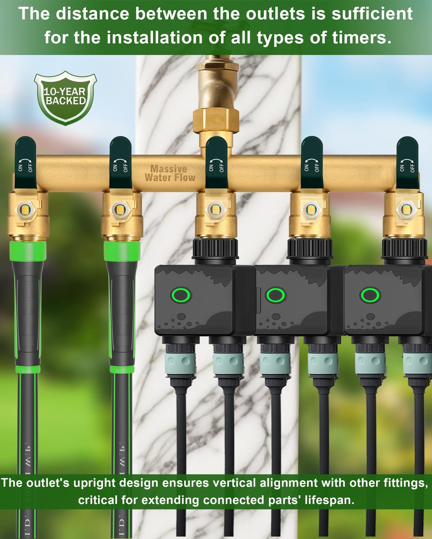 5 Way Hose Splitter, Heavy Duty Full Flow Garden Hose Splitter with 5 Large Metal Handles, Brass Water Hose Bib Splitter, T Adapter Connector with 3/4 - Inch GHT Thread (Green)