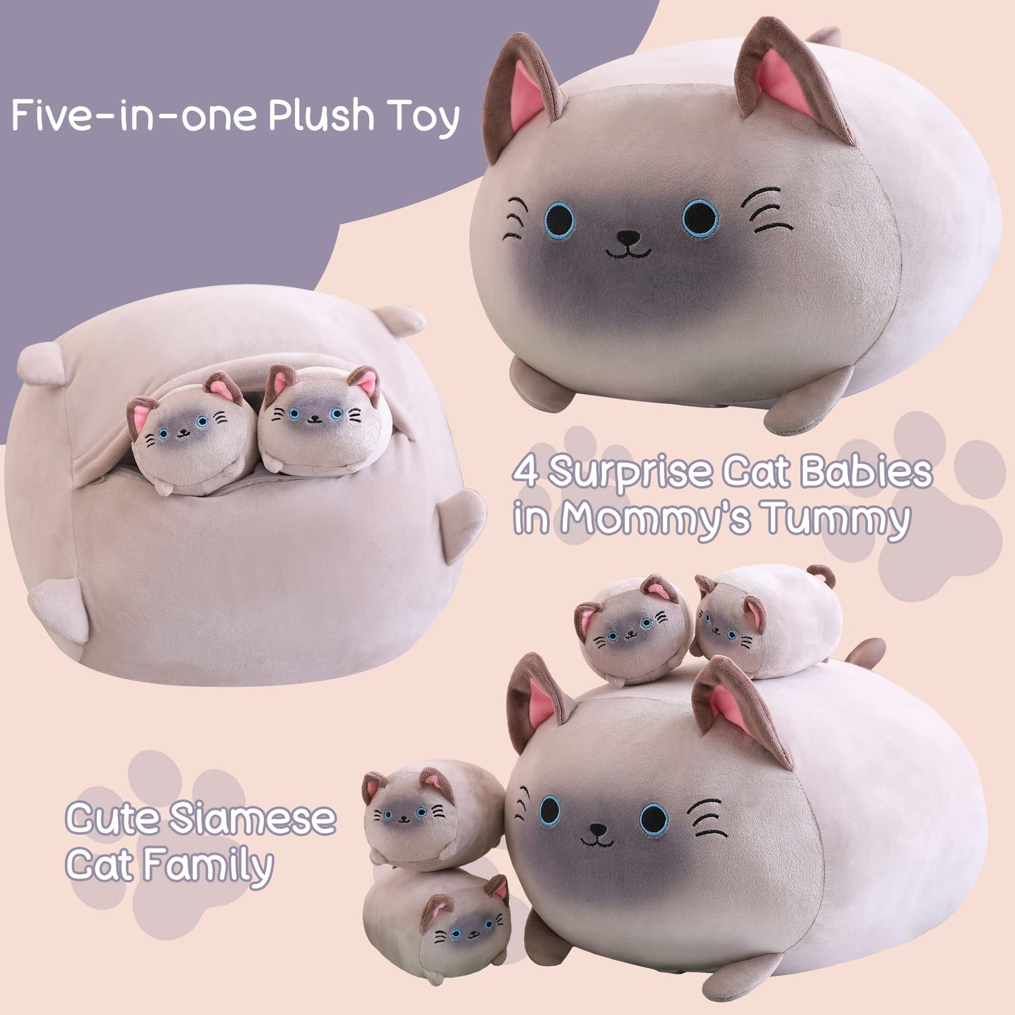 SQEQE Siamese Cat Plush, Cute Stuffed Animals Mommy with 4 Squishy Kitties, Soft Plush Pillow Gifts for Kids