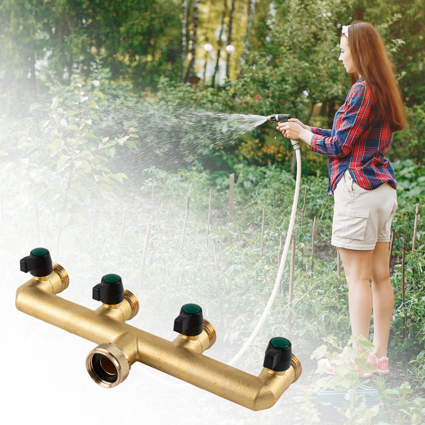 Heavy Duty Solid Brass 4 Way Hose T Tap Connection with 4 Individual On/Off Valve and Extended Handle, Garden Outdoor Pipe Tap Splitter