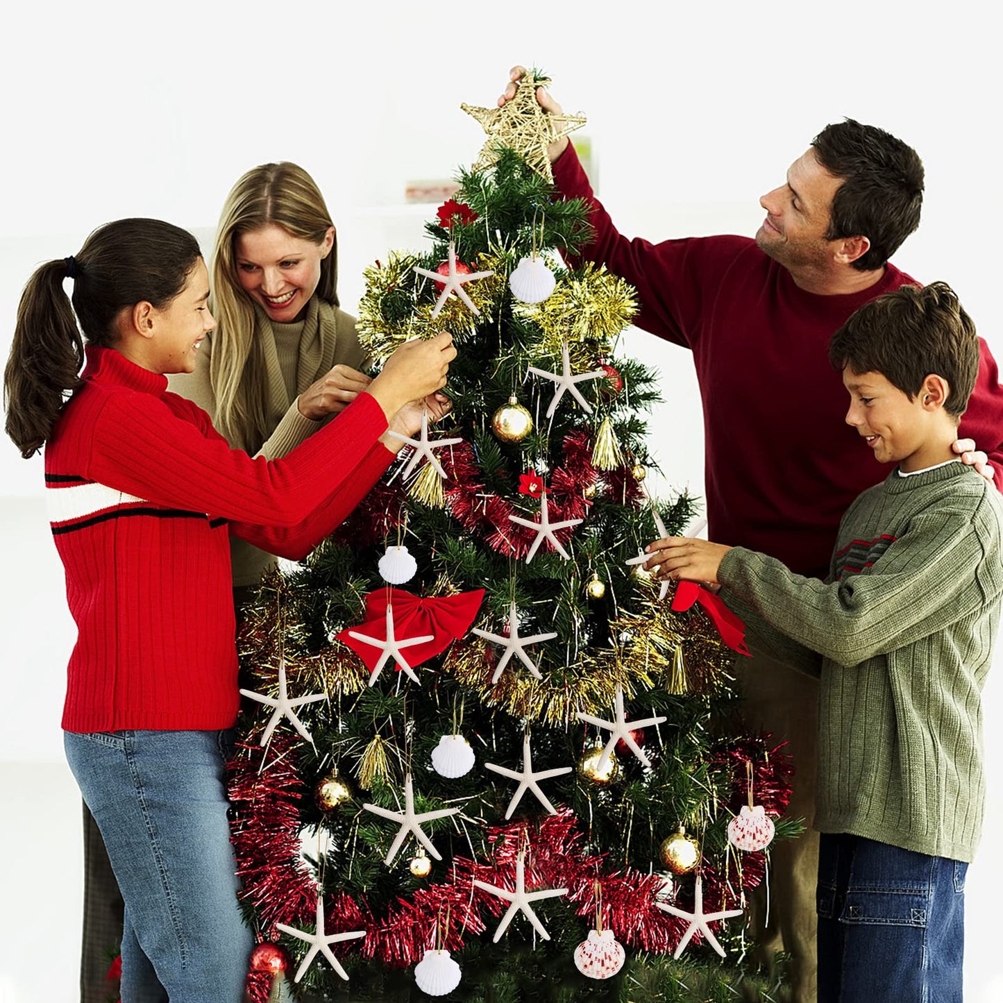 20PCS Christmas Starfish Ornaments Ready to Hang 3"-4'' Natural Starfish Decor with Drilled Holes & Hanging Rope for Christmas Tree Hanging Ornaments, Beach Theme Wedding Home DIY Crafts