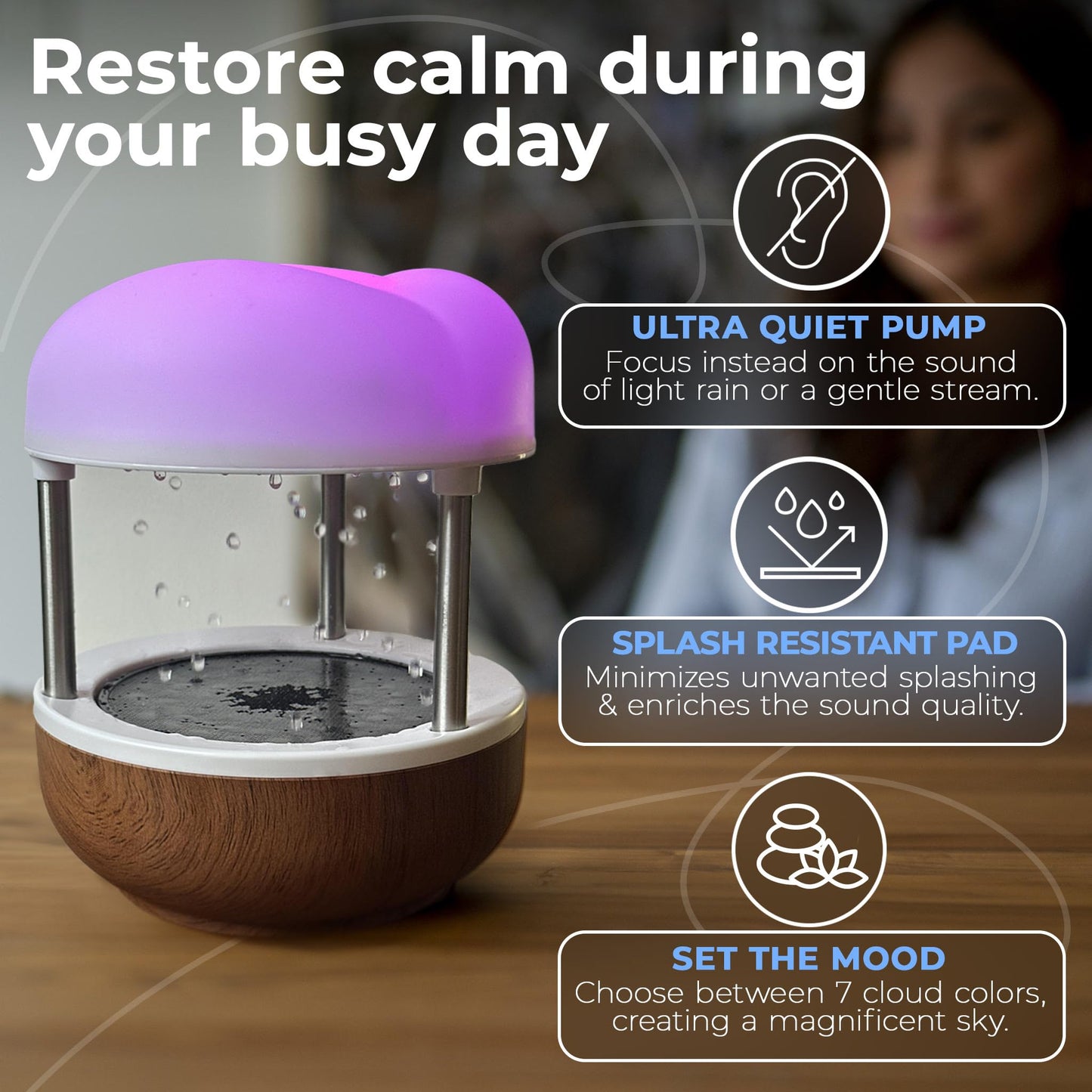 Mindsight ‘Calming Cloud’ Tabletop Water Fountain | Quiet Pump | Splash Resistant | Zen & Nature Décor | Promotes Focus, Stress Relief, Productivity, Sleep | Reminder to Pause & Reset | Desk Accessory