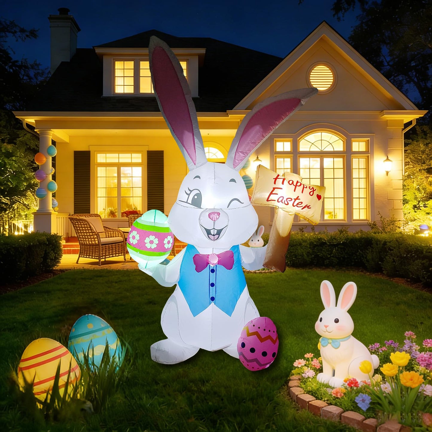 5FT Easter Inflatables Outdoor Decorations，Inflatable Bunny with Easter Eggs, Blow-up Yard Decor for Indoor/Outdoor Garden Lawn & Holiday Party (Rabbit Raise The Sign)