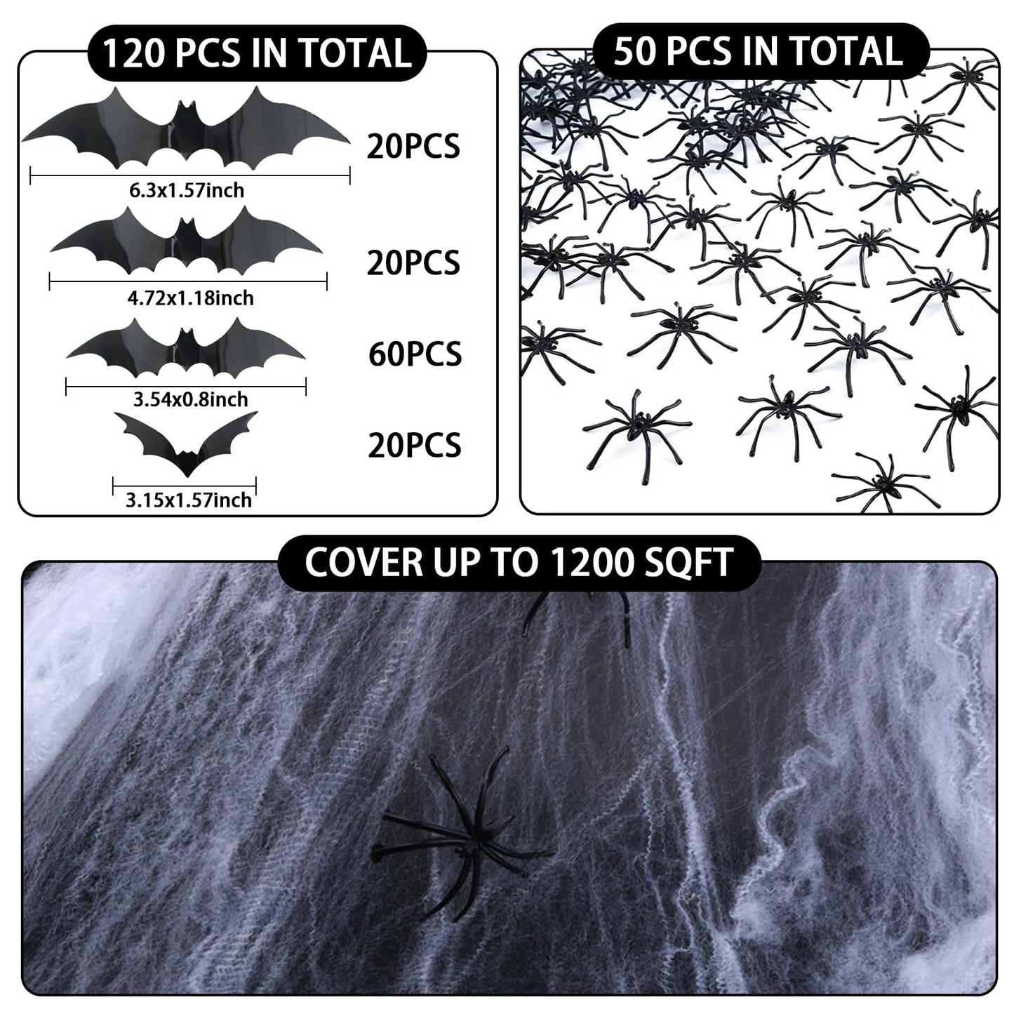 Famoby 1200 sqft Halloween Spider Webs and 120pcs Fake Bats and 50pcs Fake Spiders Super Stretch Cobwebs Party Decorate for Halloween Theme Indoor and Outdoor Decoration