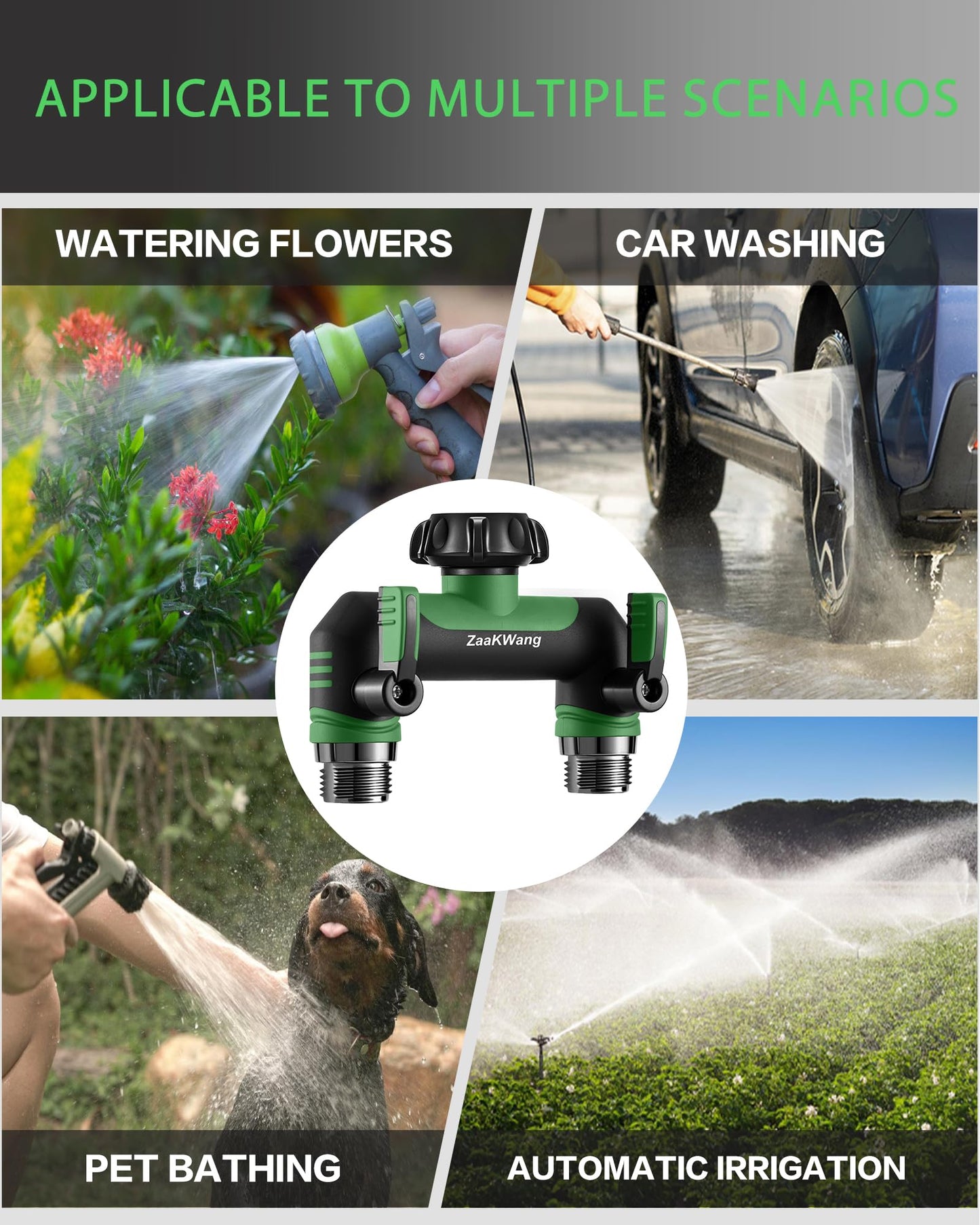ZaakWang Garden Hose Splitter 2 Way, Heavy Duty Water Hose Spigot Bib Splitter, Outdoor Faucet Splitter with Shutoff Valve, T Adapter Connector with 3/4 - Inch GHT Thread (Green)