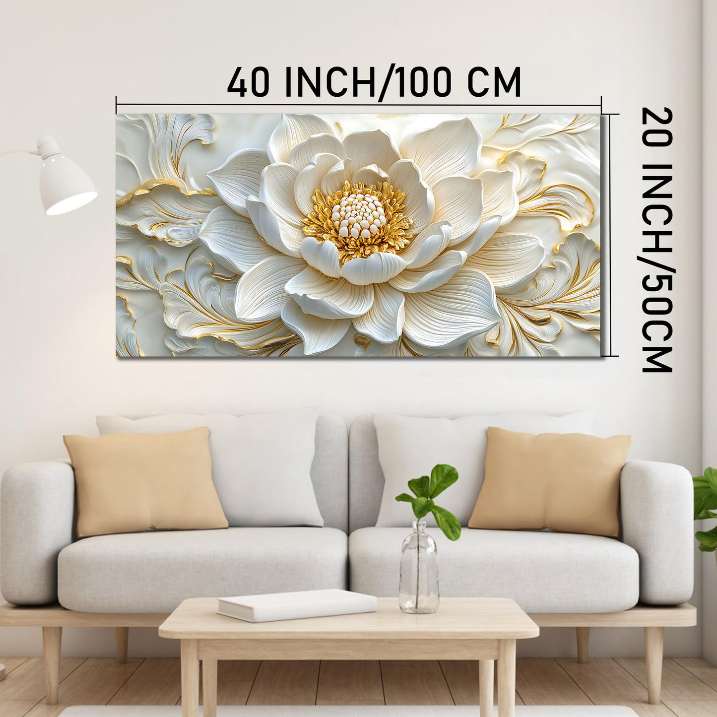 SSNEEKNDG White Floral Wall Art for Living Room Gold Flower Picture Large Botanical Artwork for Bedroom Office Canvas Prints Ready to Hang 20"x40"