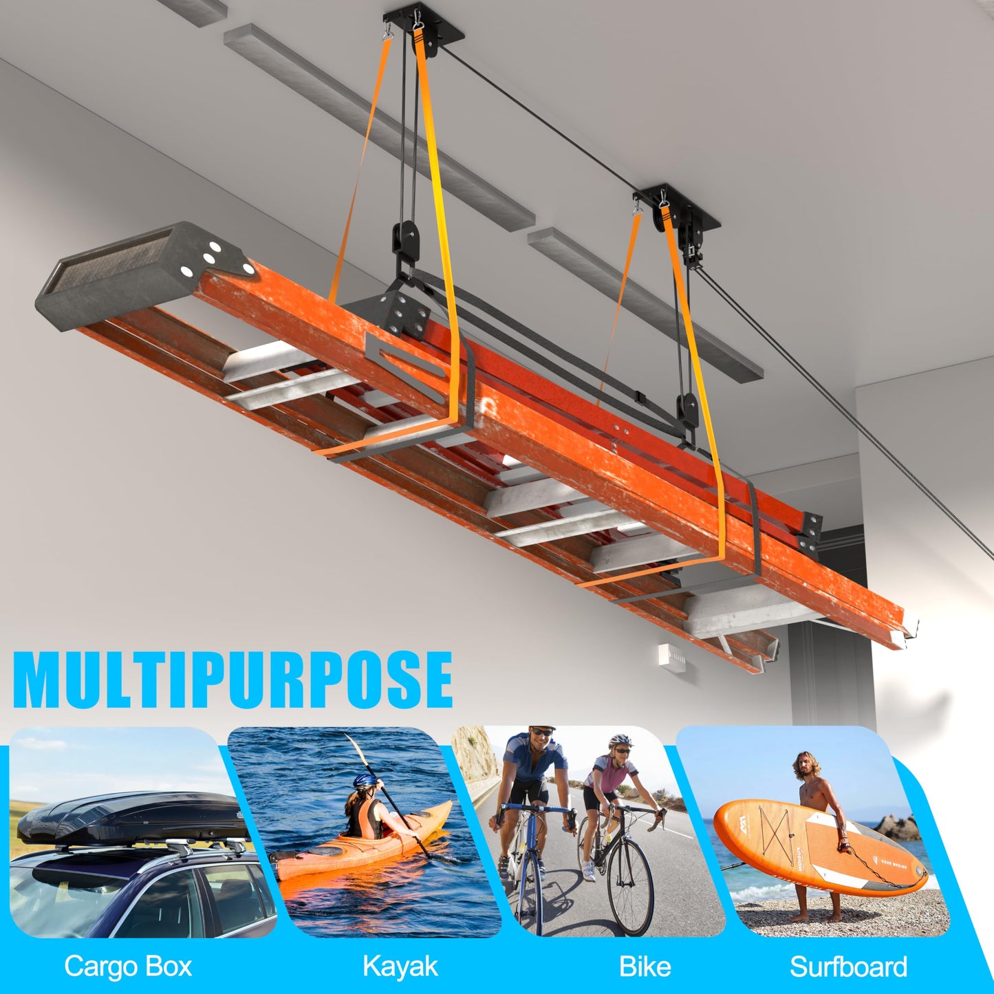 KOSEOO Ceiling Ladder Hoist, Heavy Duty Pulley System for Garage Storage, Ladder Hanger Hold Up to 150 lbs Capacity for Kayak, Cargo Box, Canoe, Bike Lift, Fit 10-18 Foot Ceilings, Black